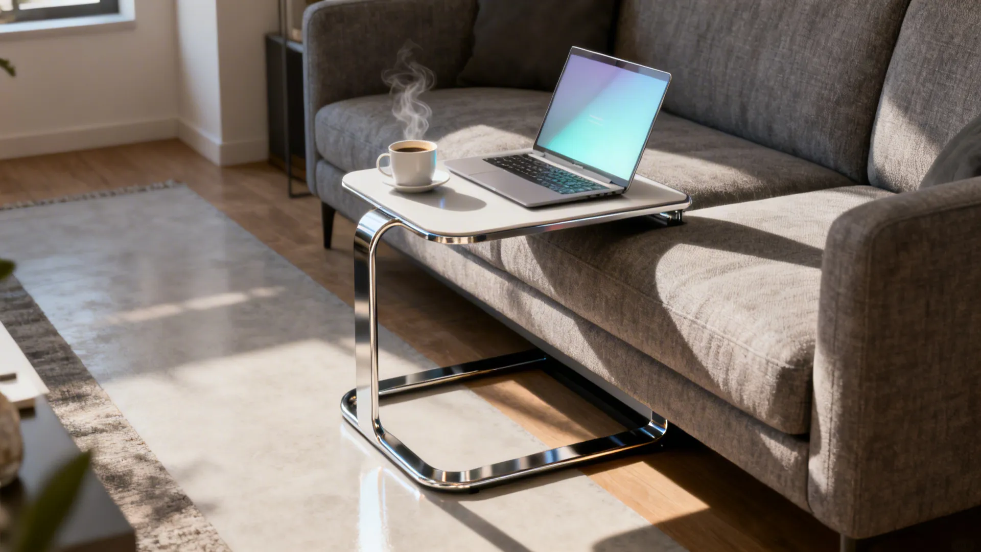 C-shaped side table slid under a sofa seat holding a laptop and coffee.