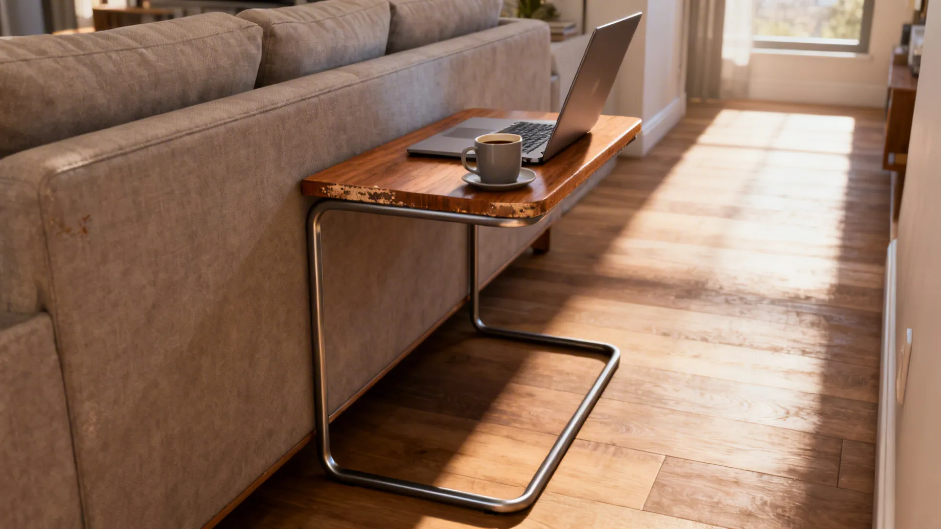 C-shaped side table slid under a sofa with a laptop and coffee on top in a narrow living room.