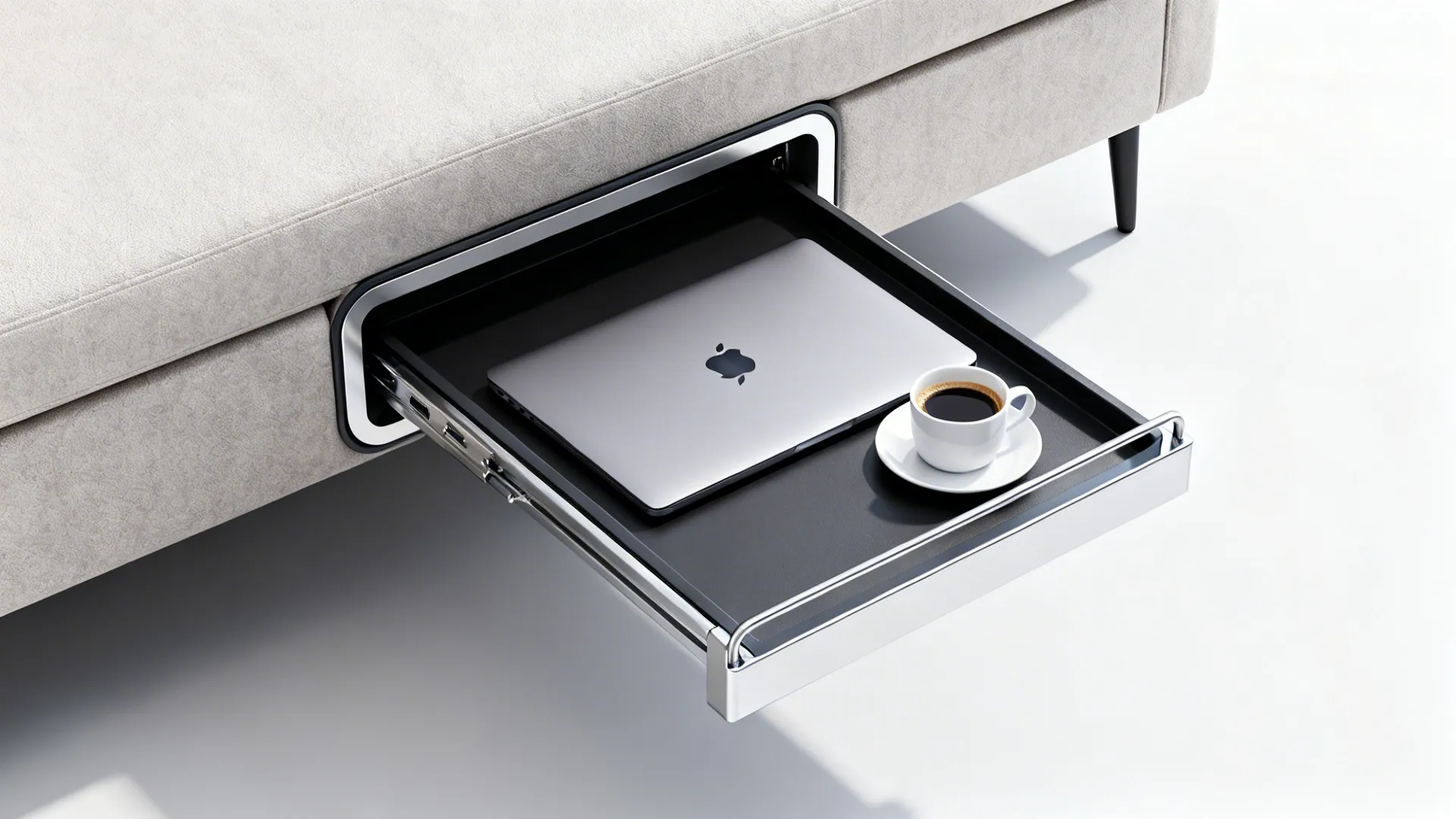 C-shaped tray table slid under a sofa seat holding a laptop and coffee