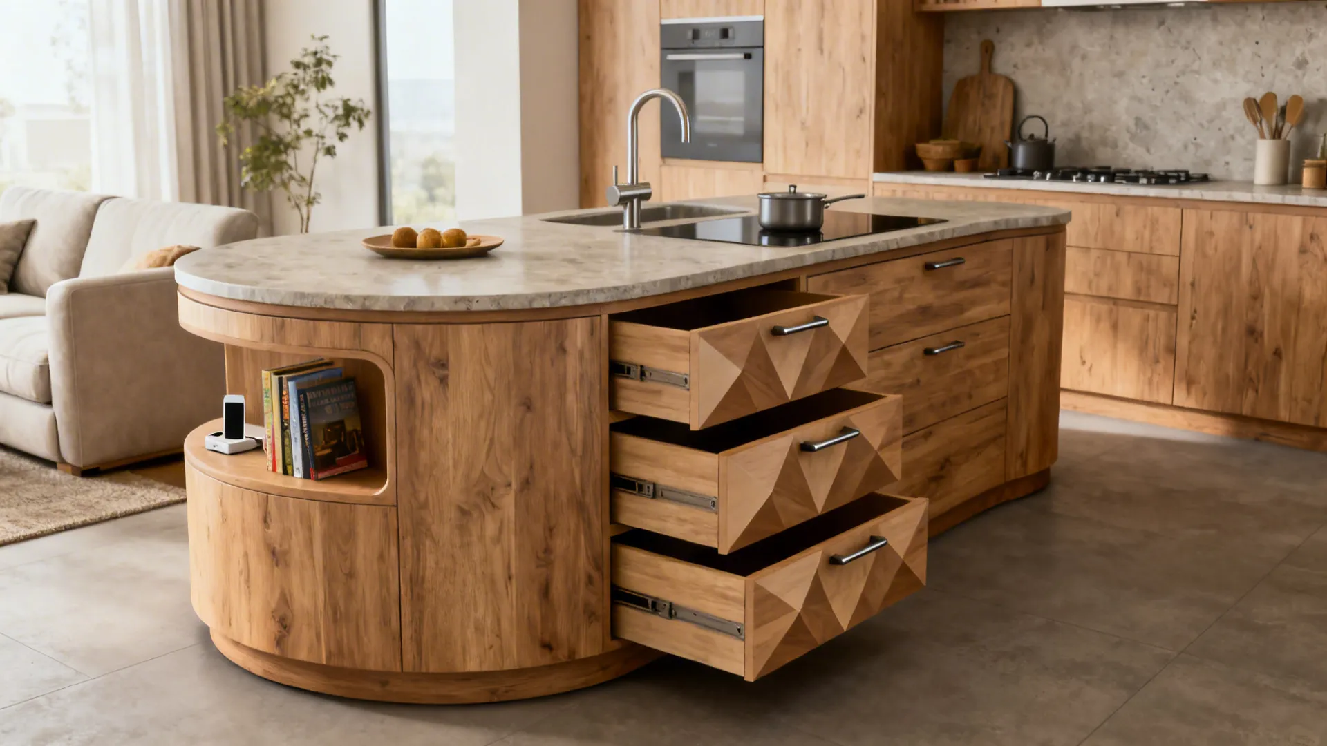 3) Storage-Forward C-Shape with Drawer Banks and a Hidden Niche