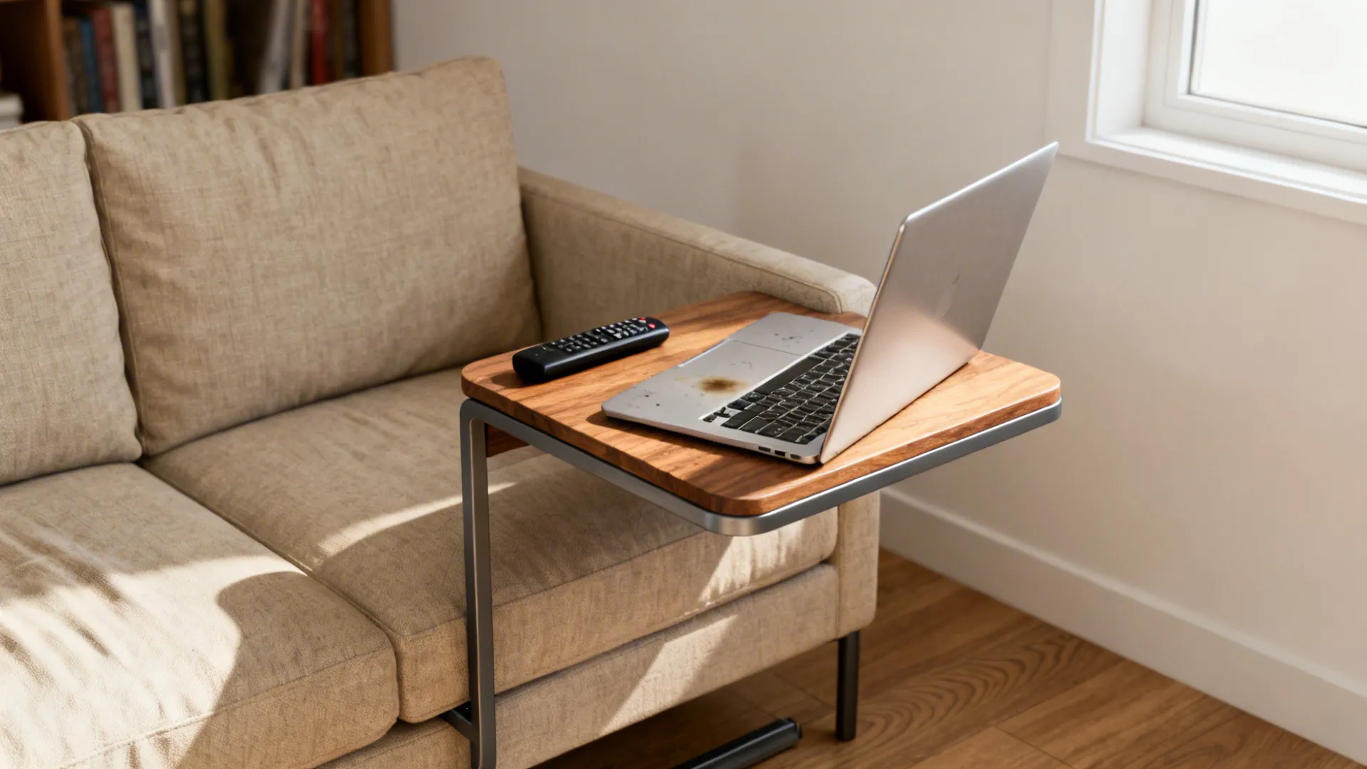 C-shaped side table slid under a sofa arm holding a laptop and remote