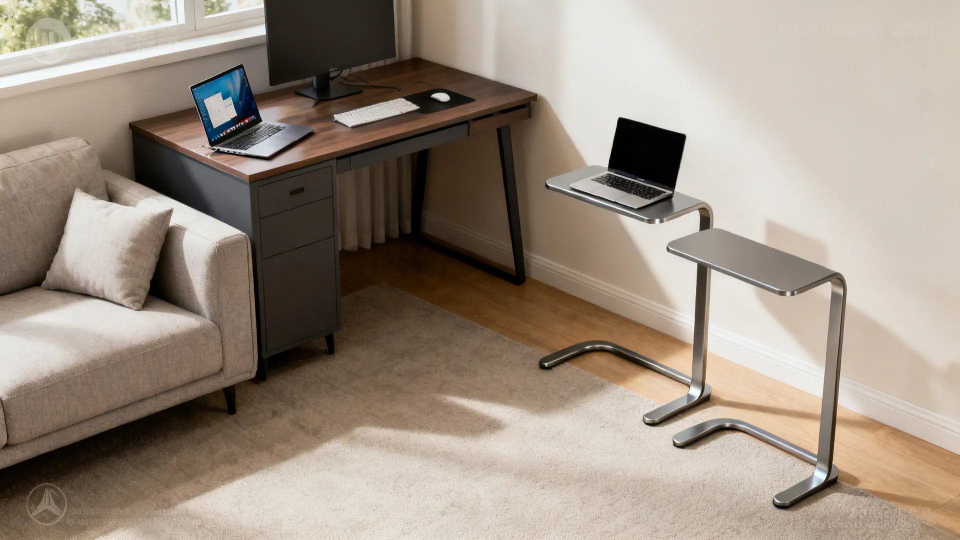 Before: bulky desk crowding sofa; After: two slim C-tables with open floor space.