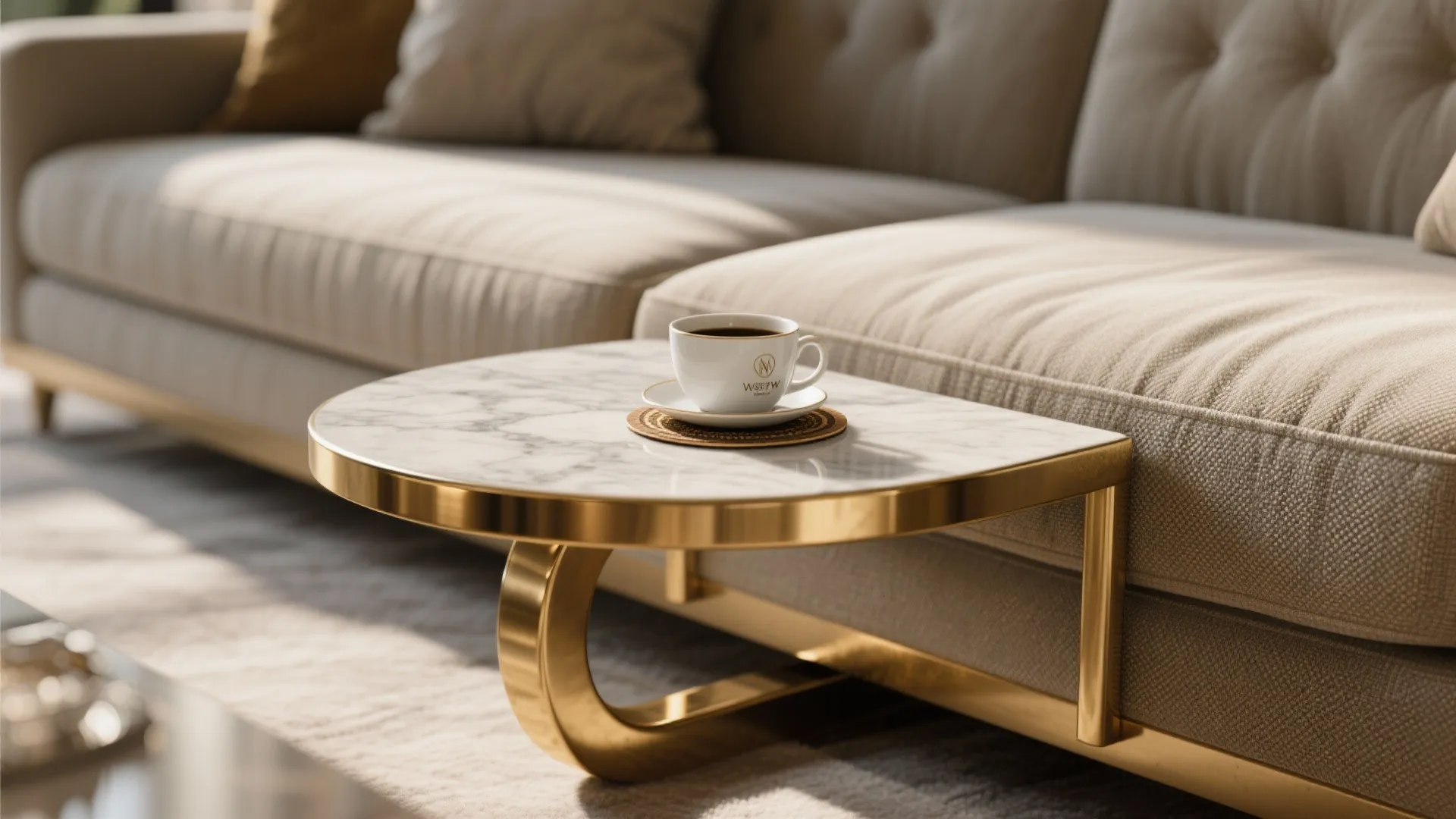 Marble side table with gold base holding a white coffee cup next to a sofa