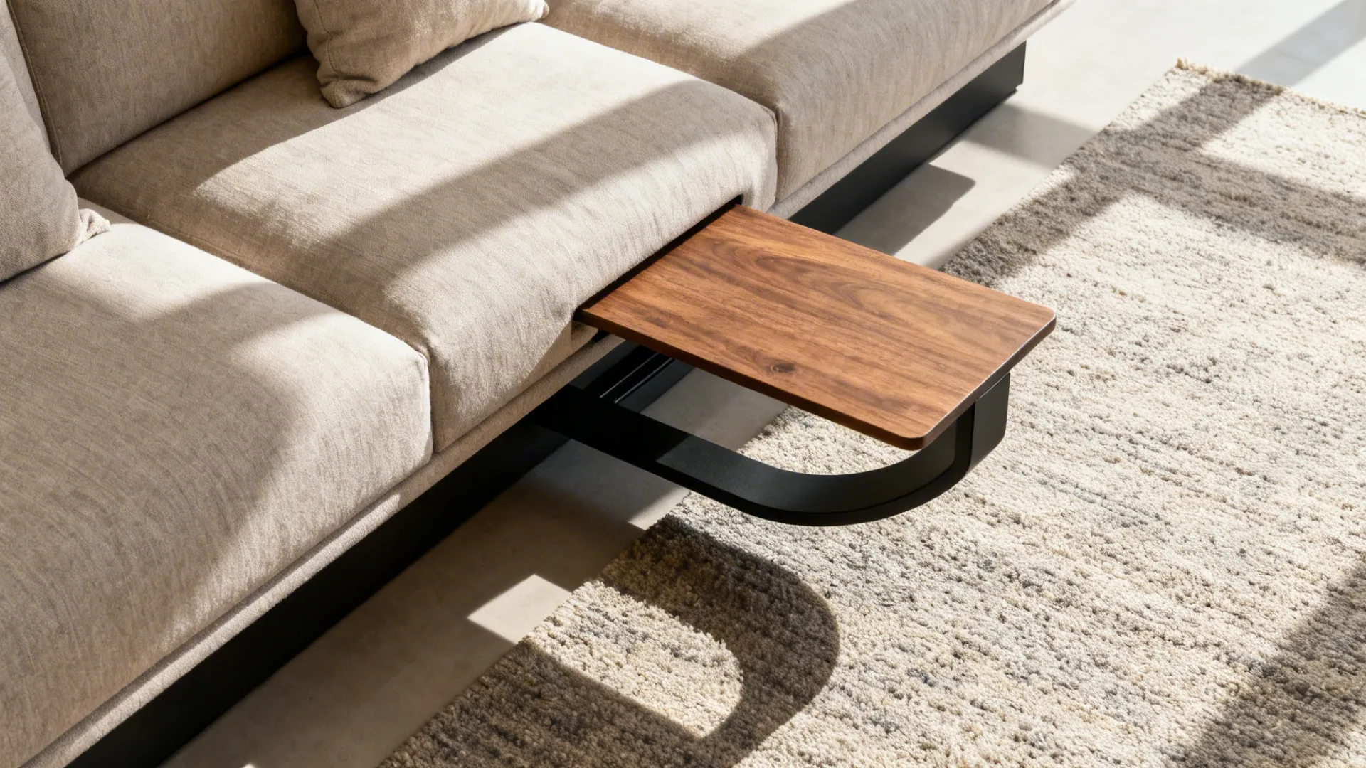 Close up of a wooden side table sliding over a beige sofa next to a rug