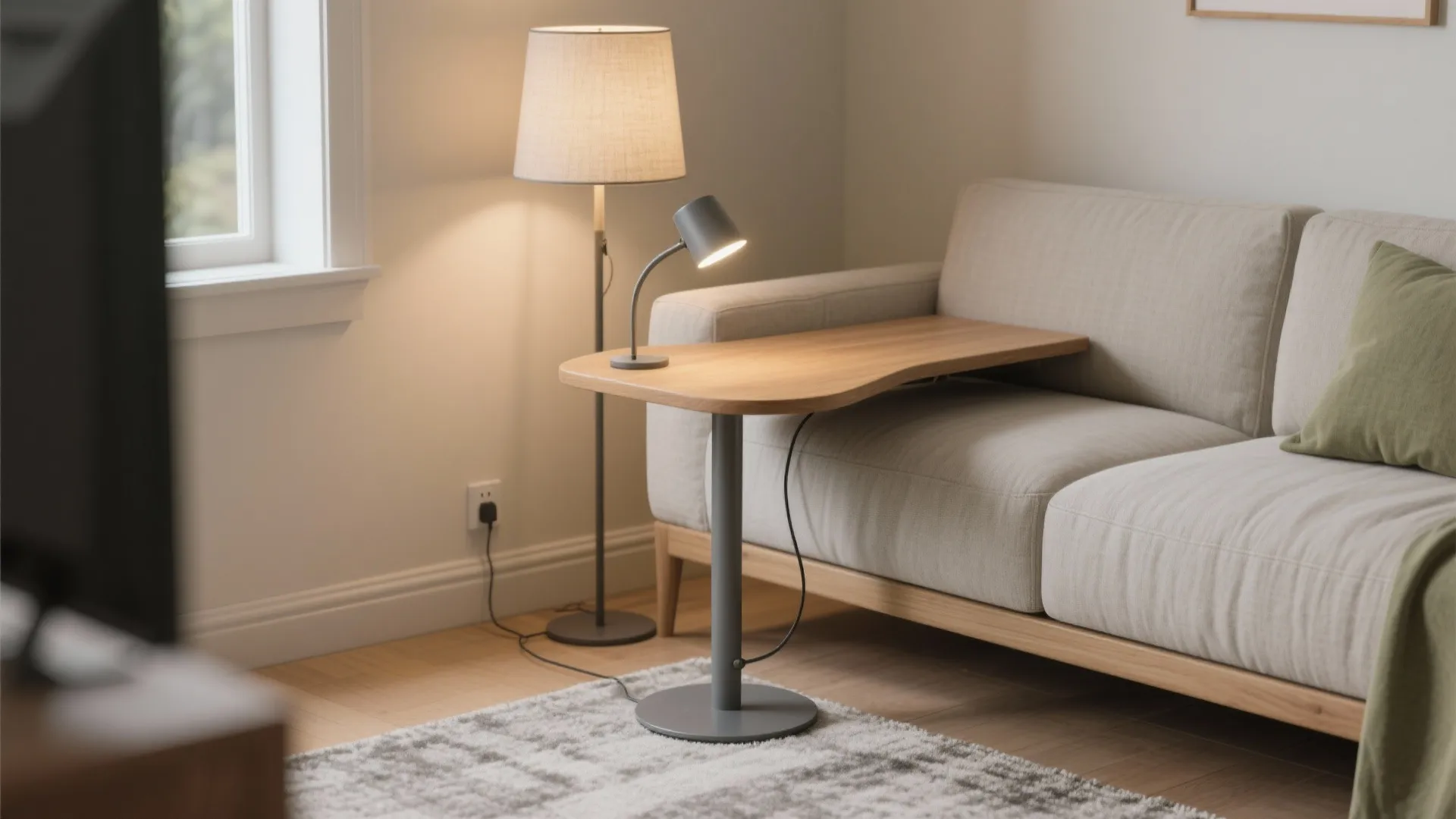 Beige sofa paired with a wooden side table small desk lamp and tall floor lamp