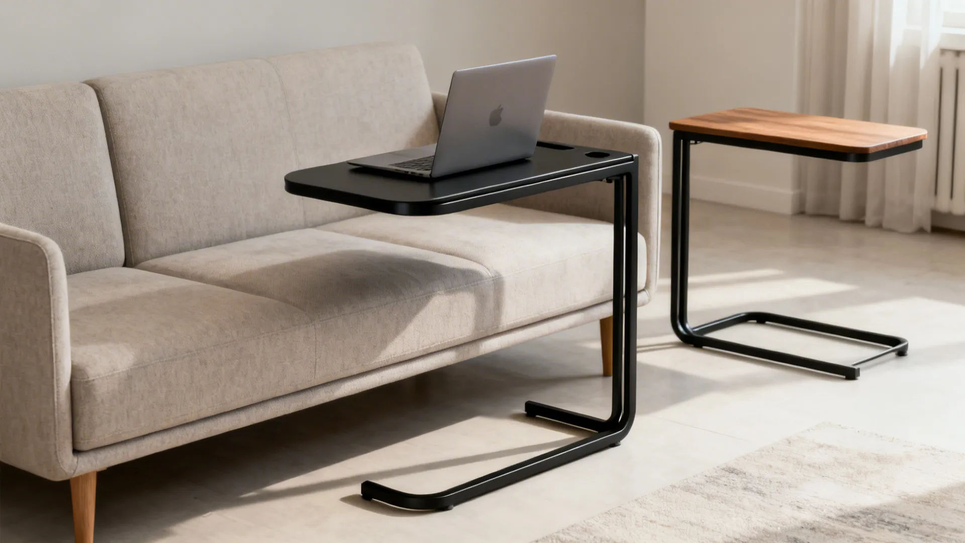 Matte metal C-table slid over a slim sofa as a compact workstation.