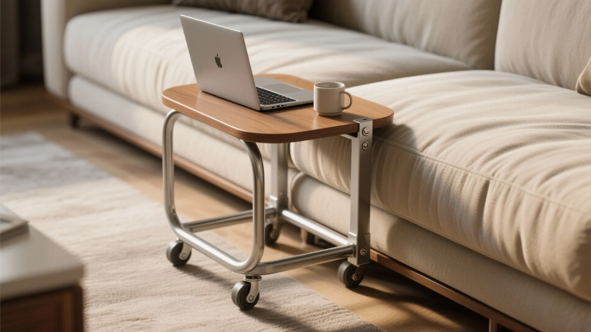 Small wooden side table with wheels holding a laptop and cup next to a sofa