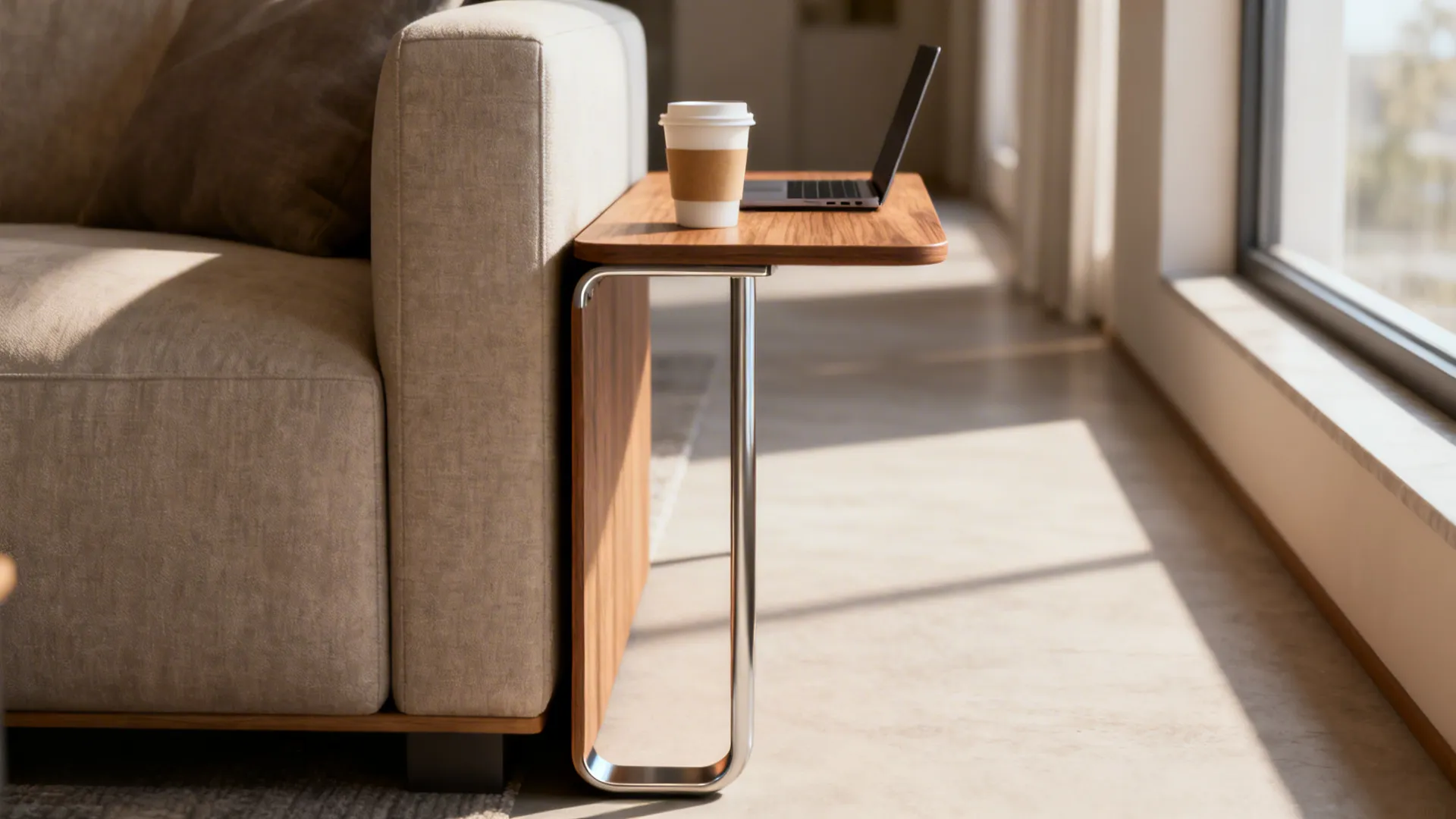 Slim C-table tucked next to a sofa arm holding a coffee cup and laptop in a narrow living room gap.