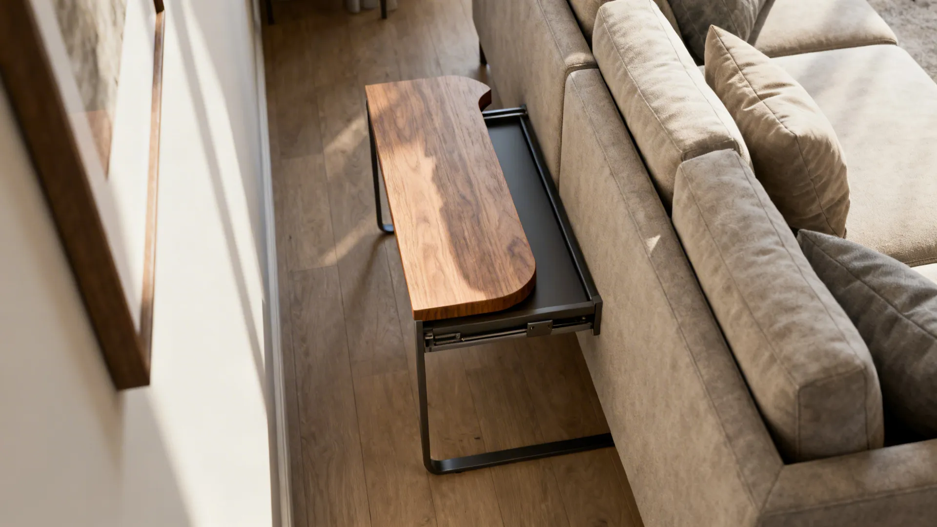 Top-down view of a C-shaped table sliding under a sofa to save space