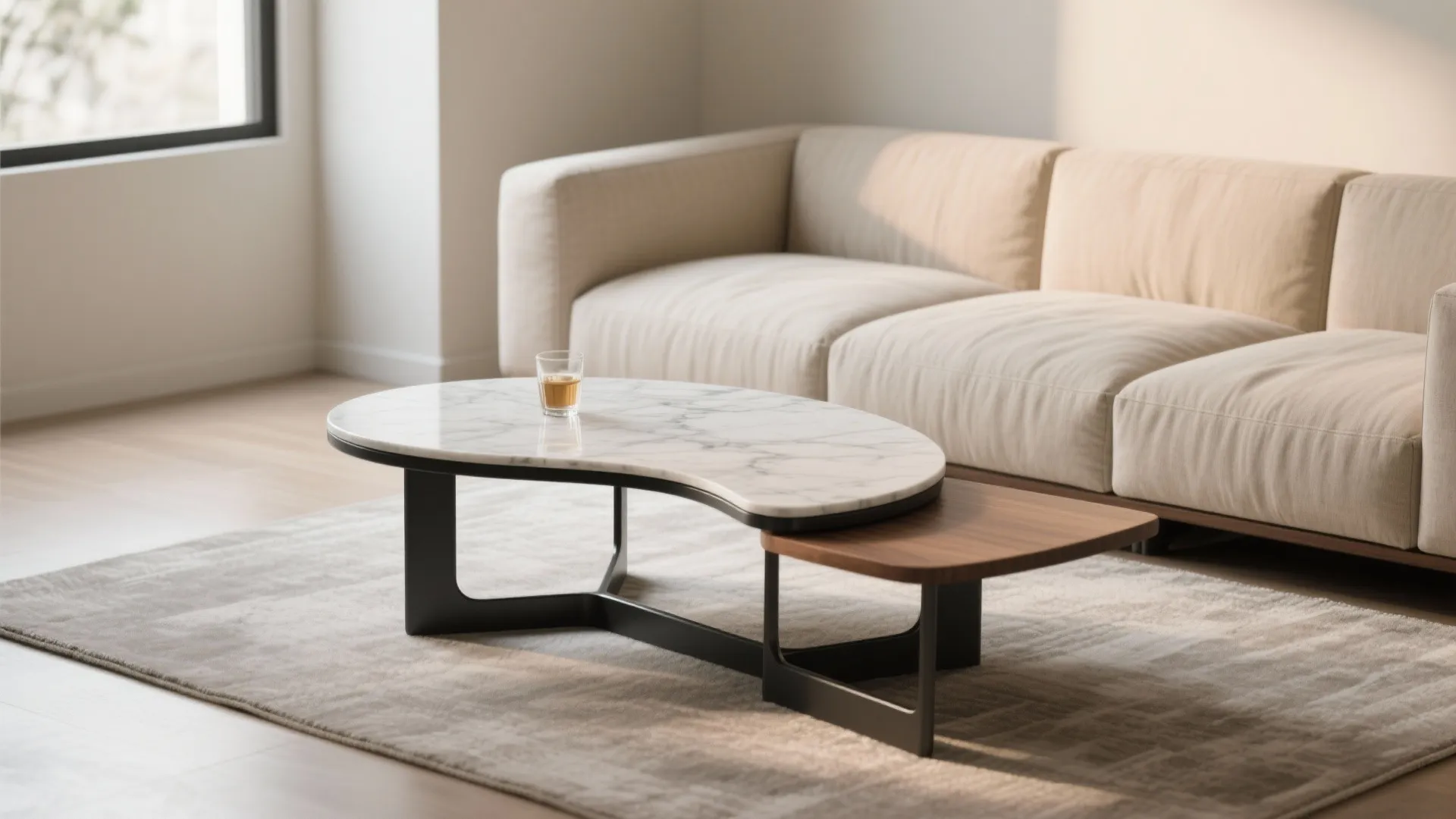 Slender C-shaped tables that tuck under the sofa
