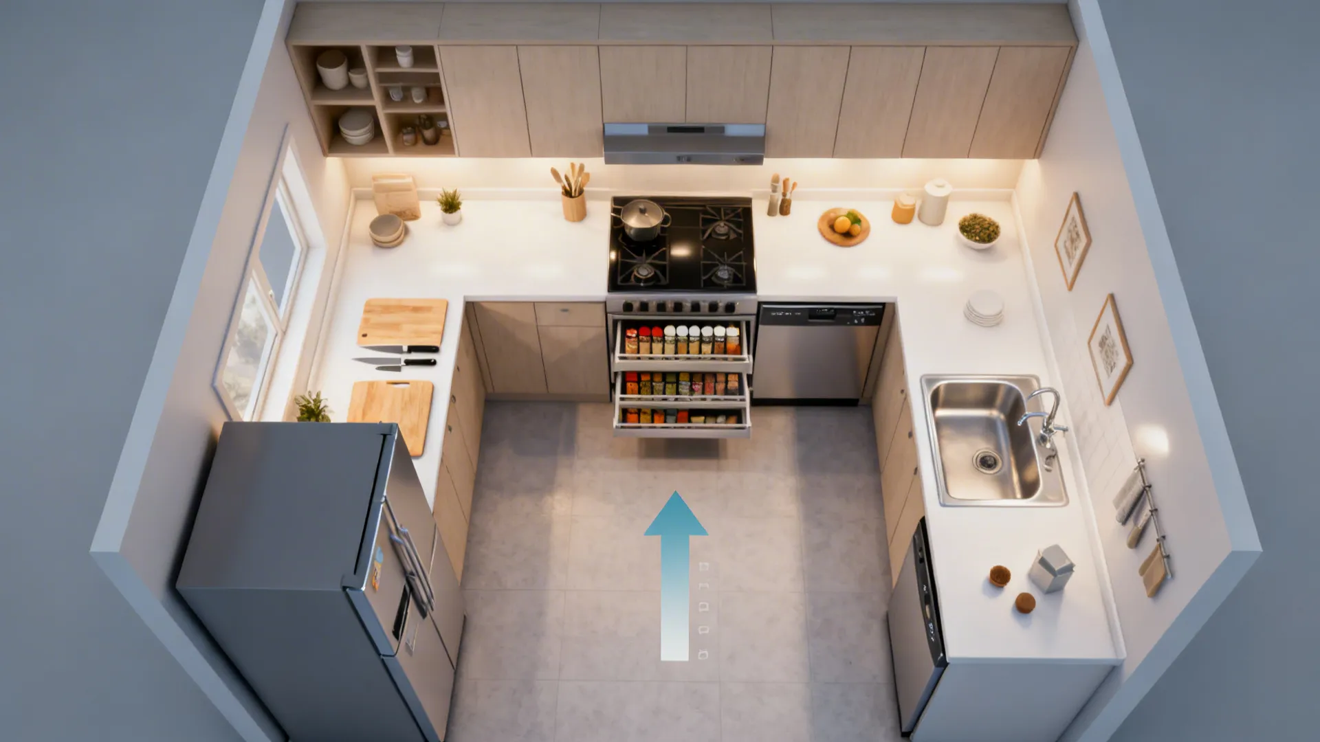 3) C-shaped workflow: zone the base cabinets for prep, cook, clean