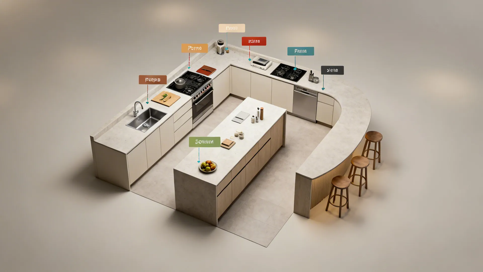 1) C-Shape Island with Split Zones for Prep, Cook, and Serve