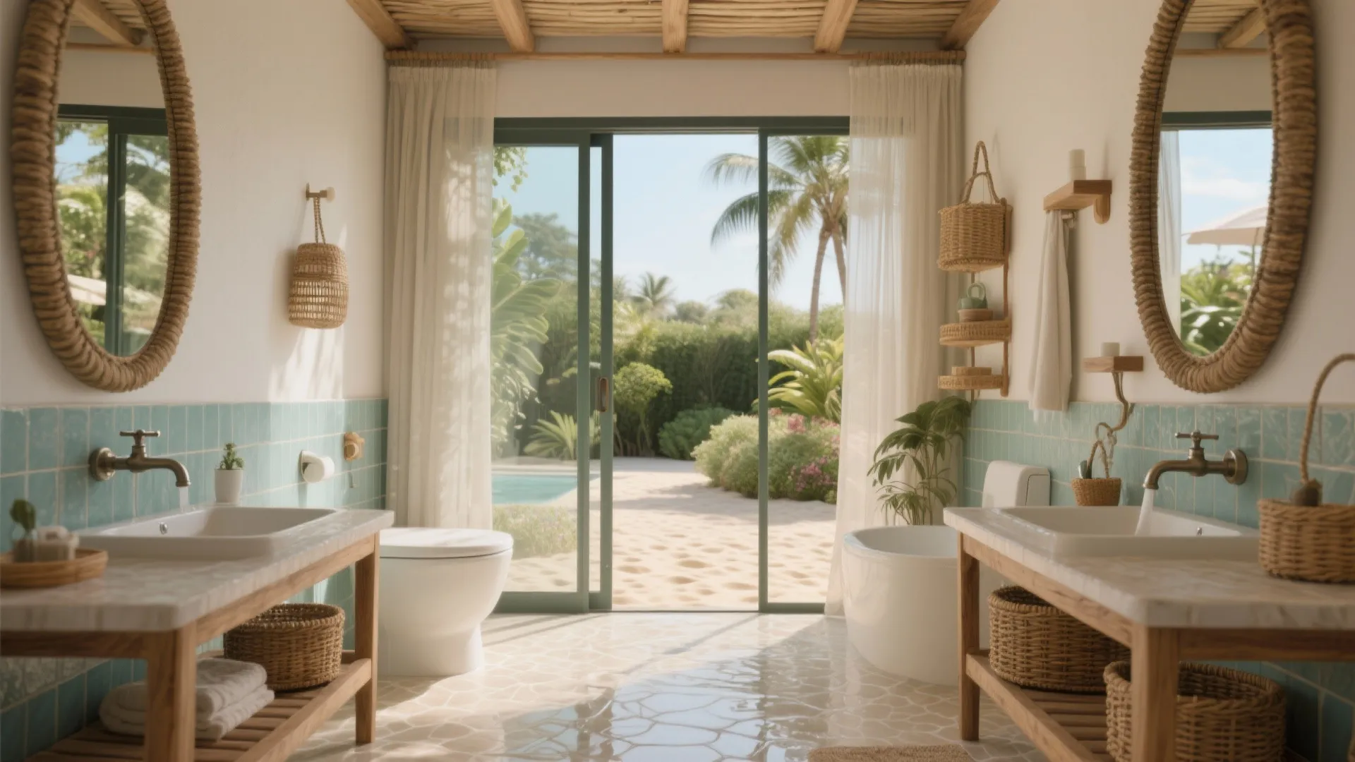 Tropical bathroom with two round mirrors, blue wall tiles, wood vanities, toilet, and glass doors