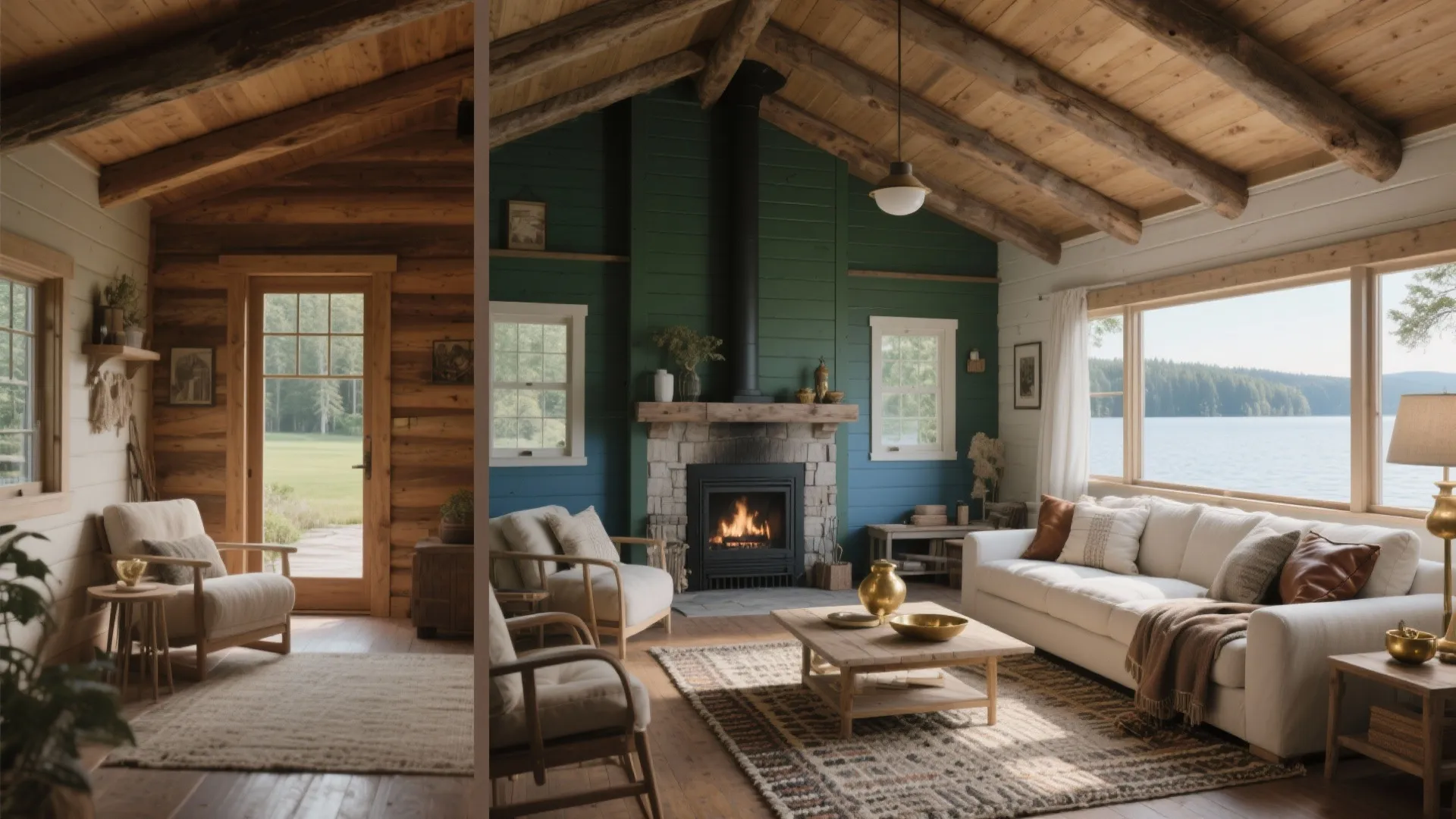 Comparison showing a wooden cabin living room alongside a painted green and blue cabin interior