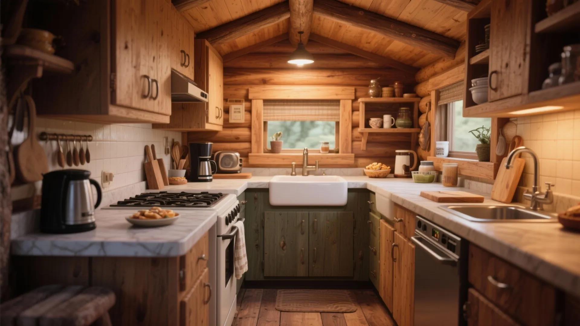 Cozy log cabin kitchen featuring wooden walls white sink marble countertops ceiling light and stove