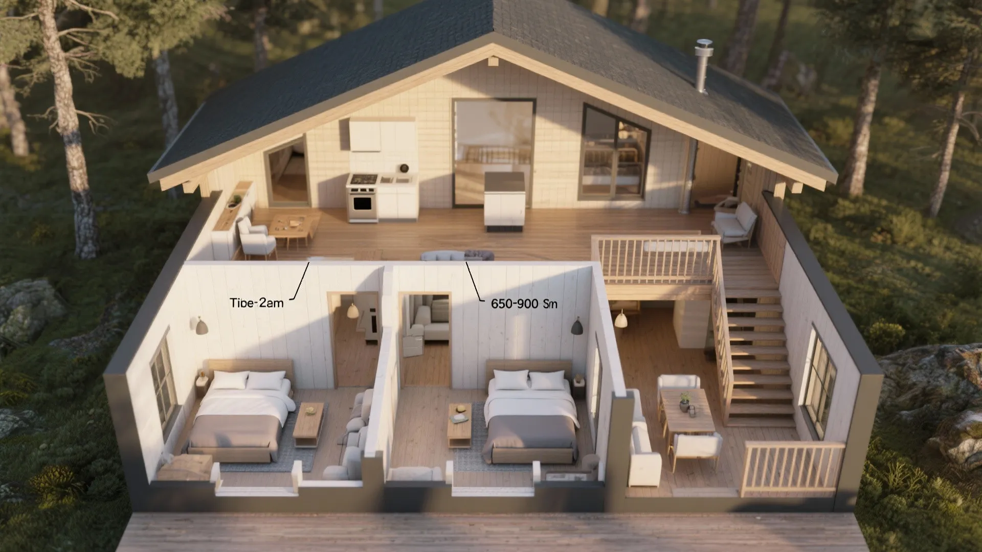 Interior design drawing of a two bedroom cabin showing room layout furniture and kitchen area