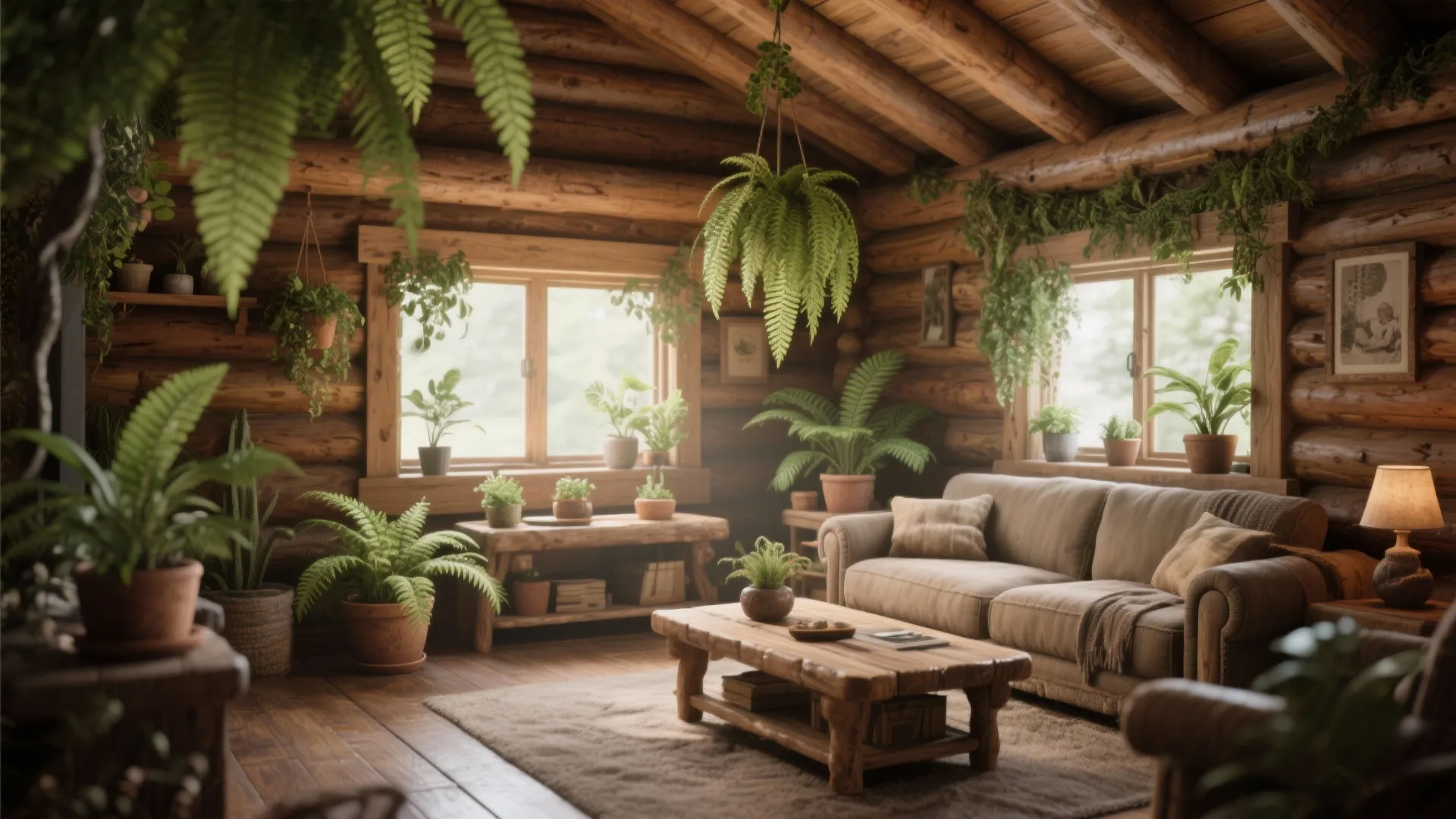 Log cabin living room filled with green plants featuring brown sofa wooden table and rug