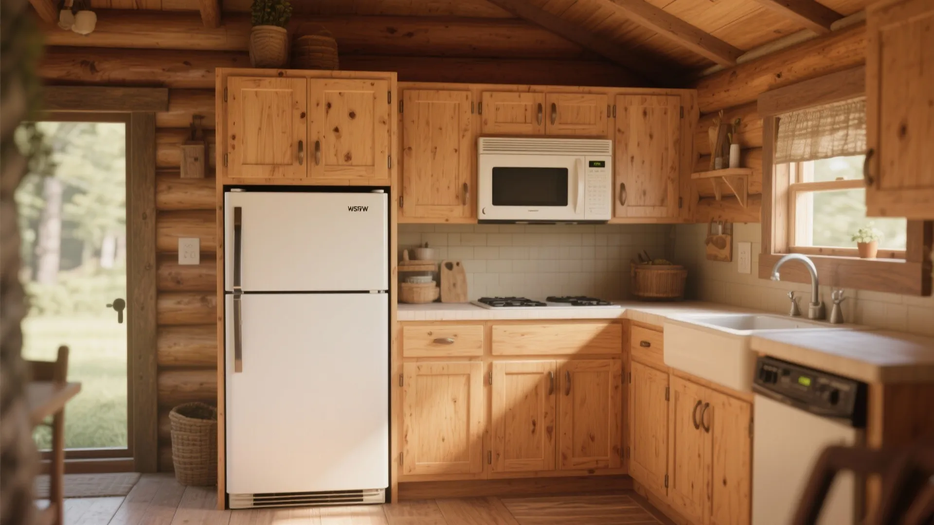 Rustic log cabin kitchen featuring wooden cabinets a white refrigerator microwave sink and a window