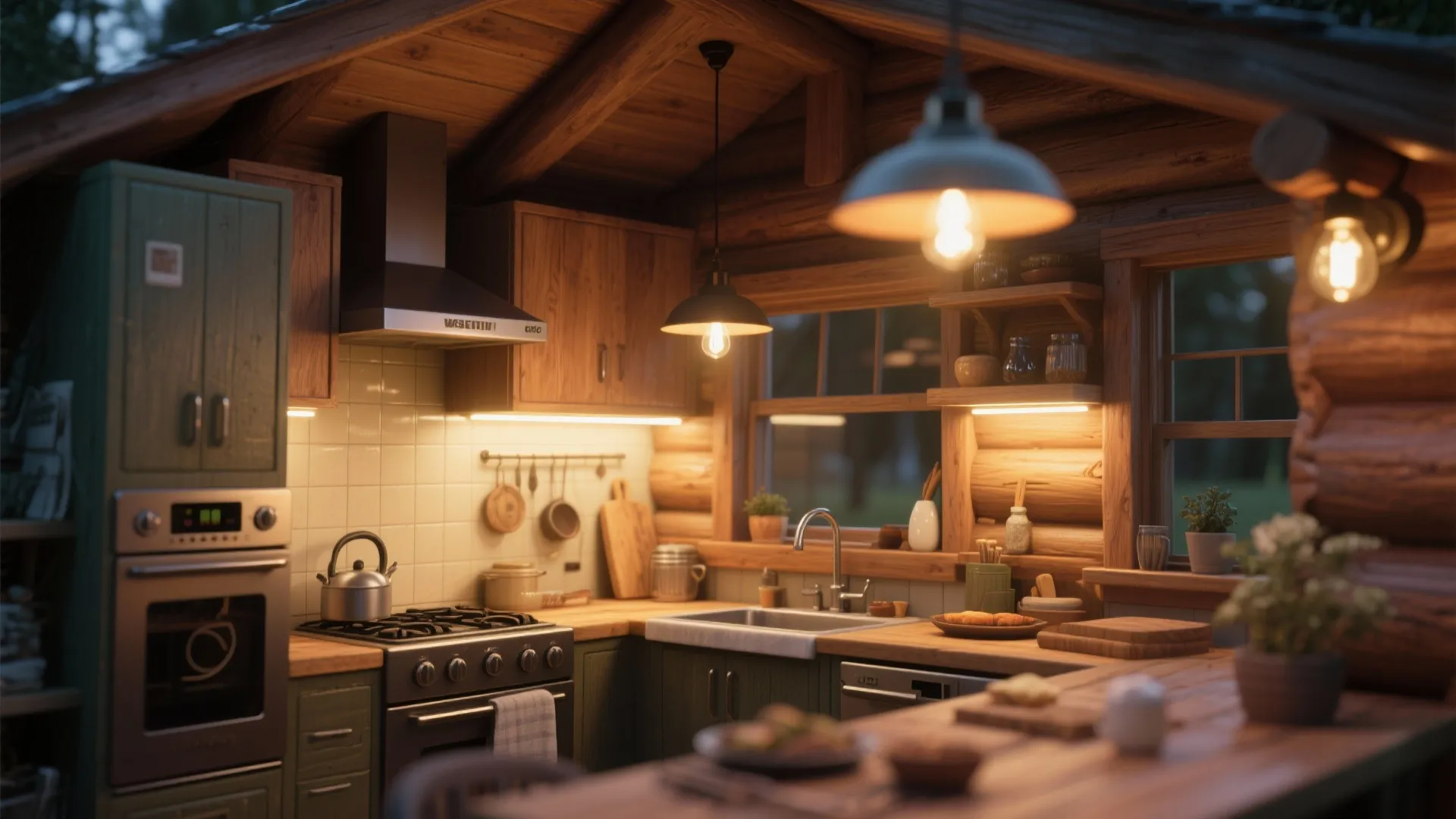 Rustic wooden cabin kitchen featuring warm ceiling light fixtures green cabinets and cozy log wall interior