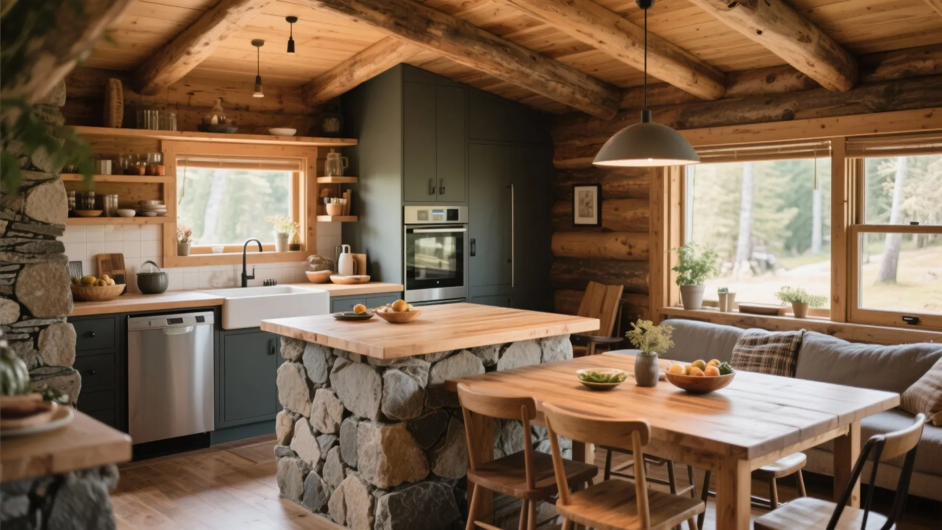Open plan cabin kitchen featuring stone island wood dining table and cozy grey sofa seating