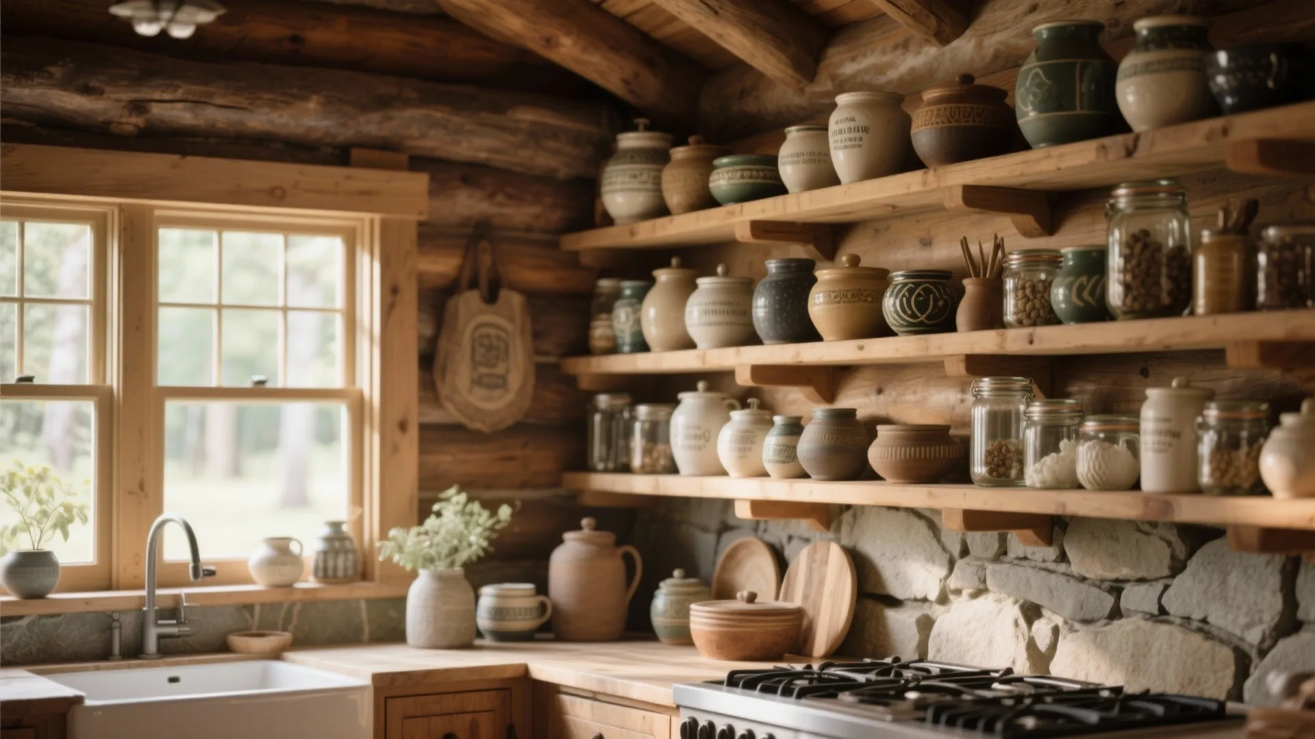 Log cabin kitchen with wooden open shelves holding pottery jars over a stone wall backsplash