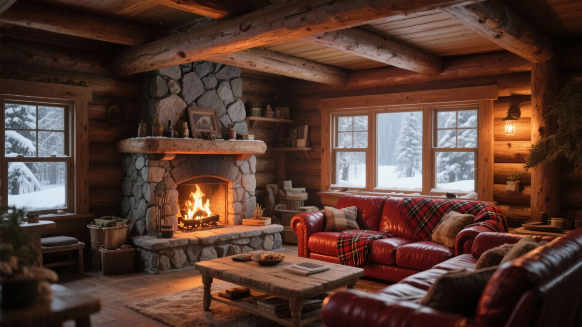 Cozy cabin with red leather sofa and stone fireplace