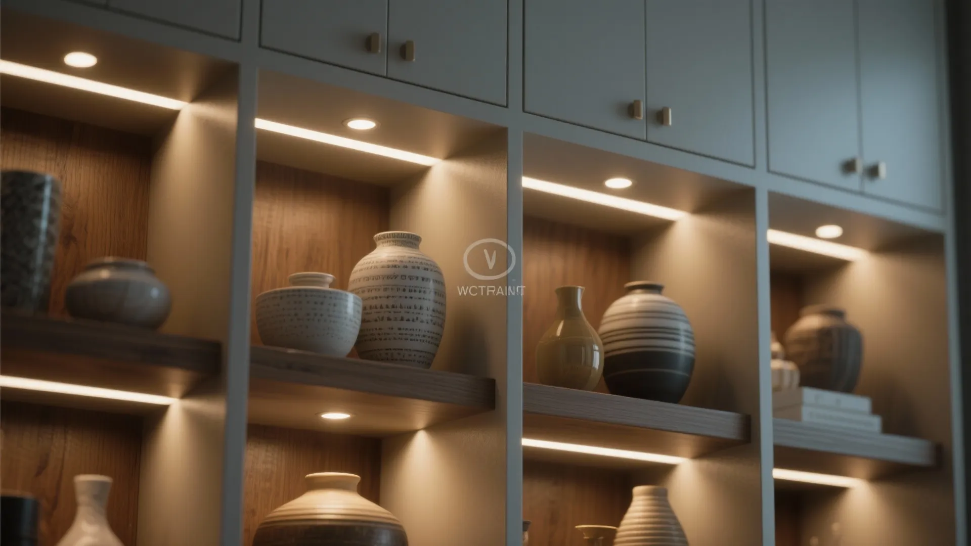 Close-up of recessed lights inset 6–12 inches accenting cabinets and shelves with clean highlights.