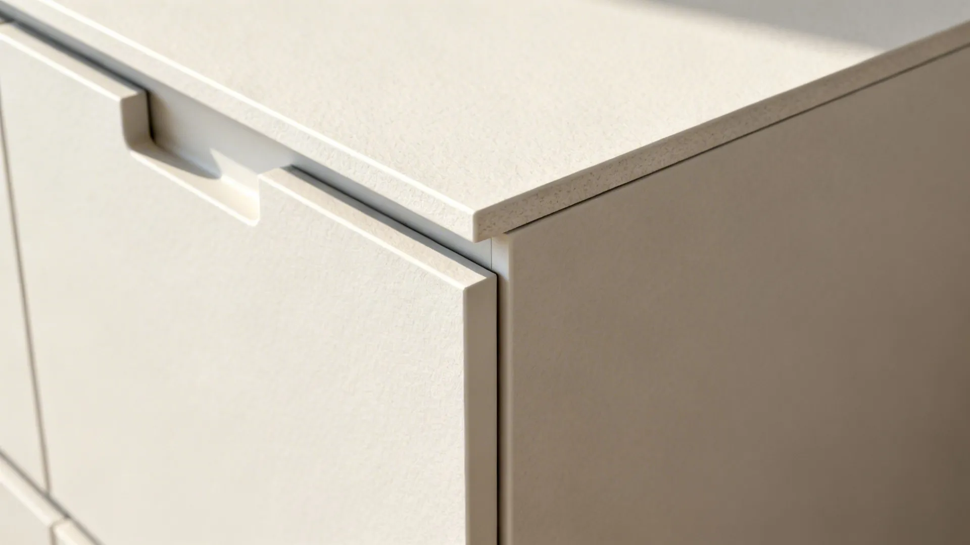 Macro detail of perfectly aligned flat-panel cabinet with integrated pull and soft-close hinge.