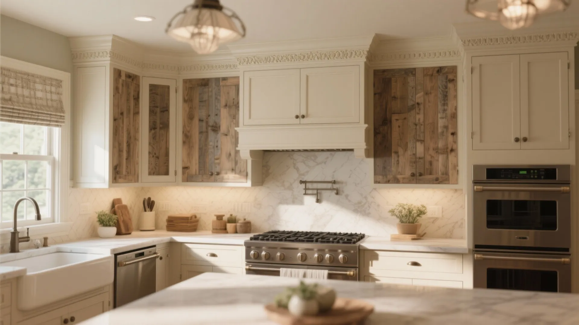Traditional white kitchen with rustic wood door panels on cabinets plus a large stainless steel stove
