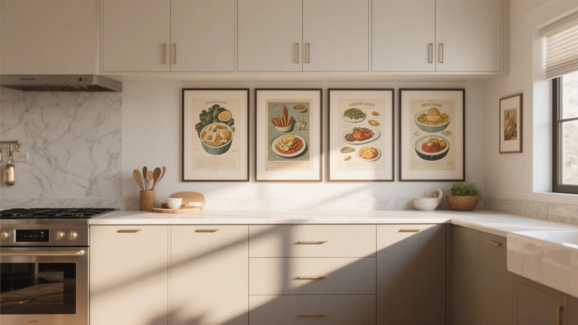 Bright kitchen featuring beige cabinets and four framed food illustrations hanging above a marble countertop