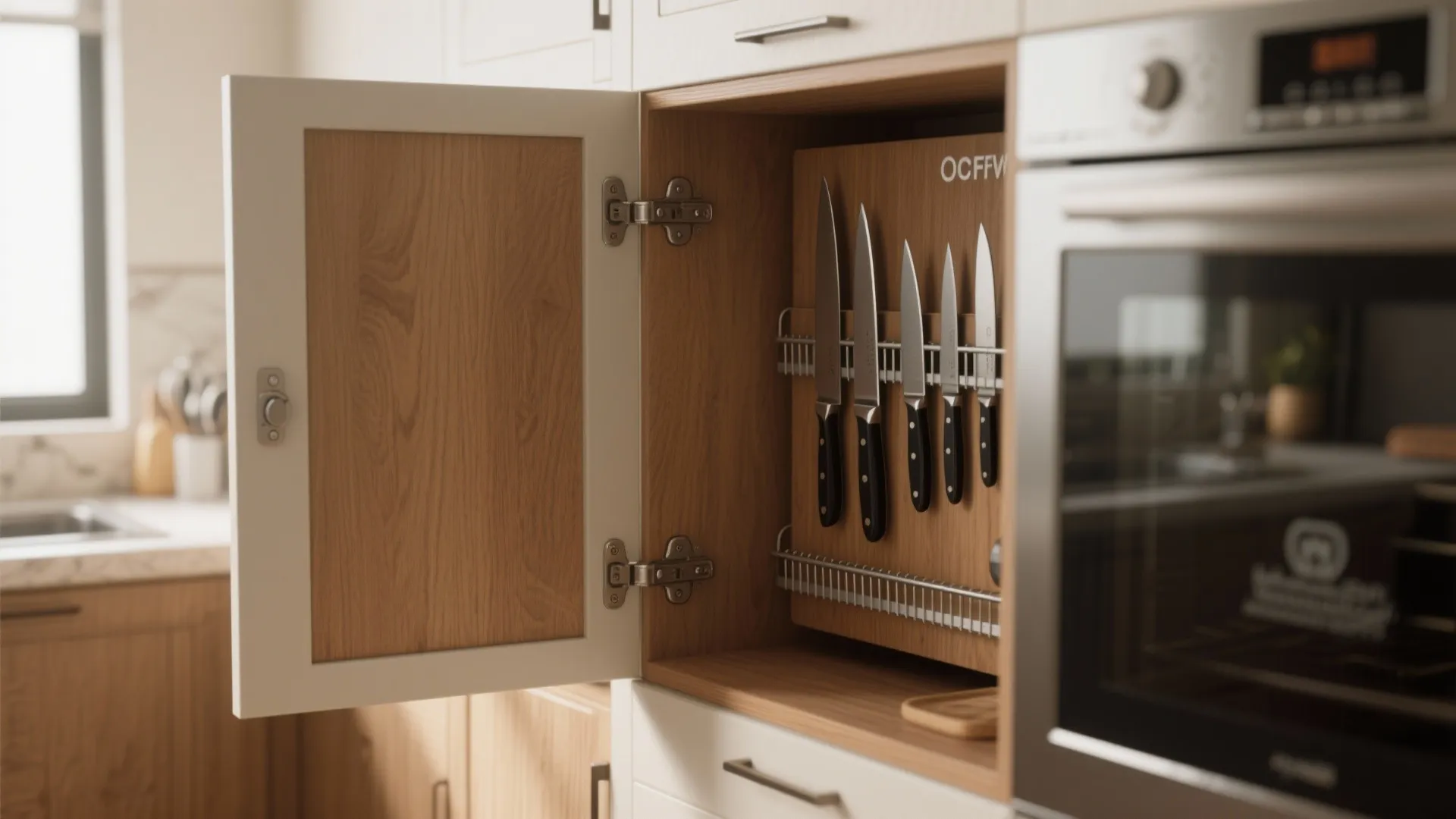 Open kitchen cabinet featuring a built-in knife rack with several knives organized on the back