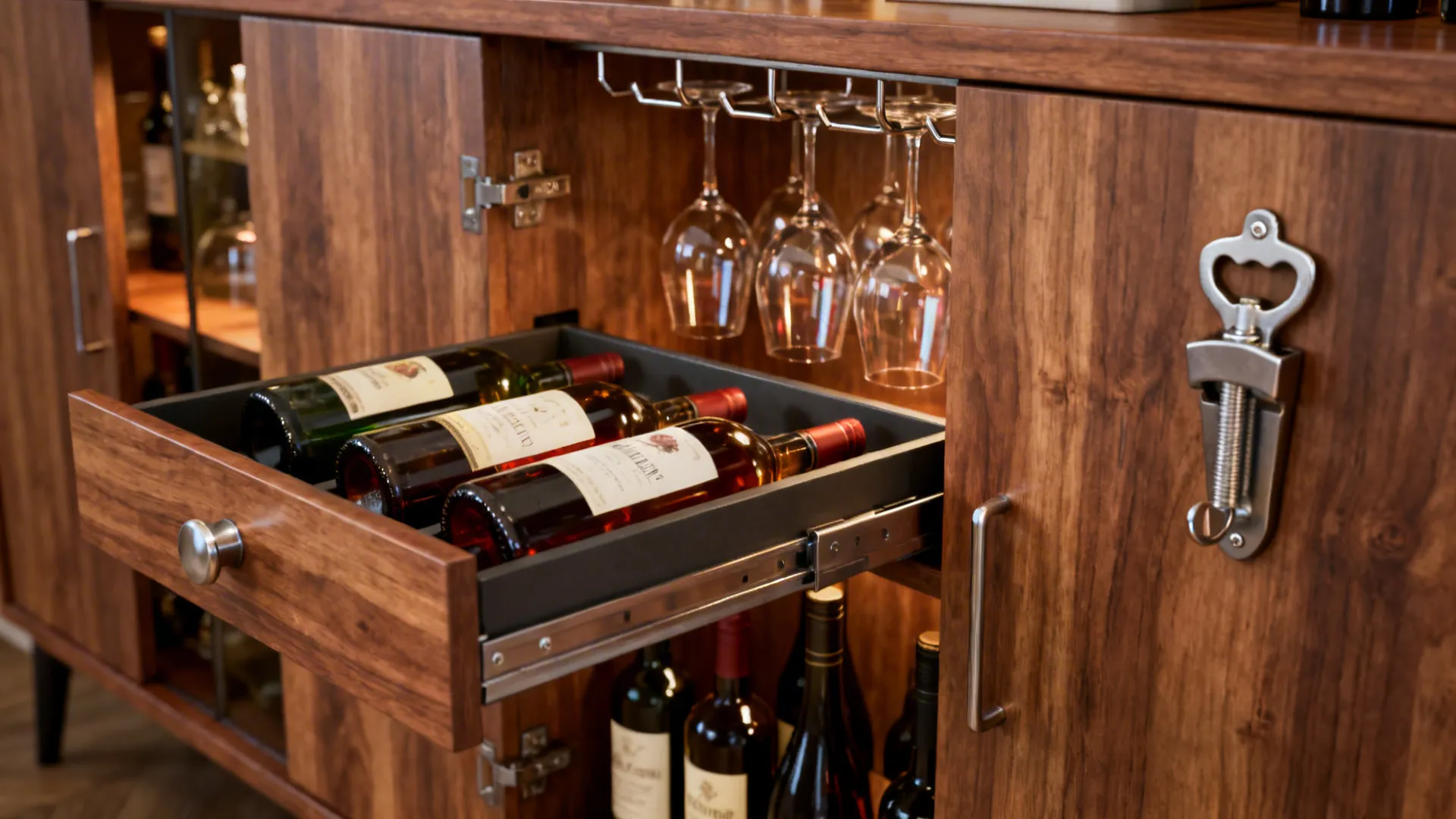 Converted sideboard with pull-out tray and stemware hooks creating a hidden bar