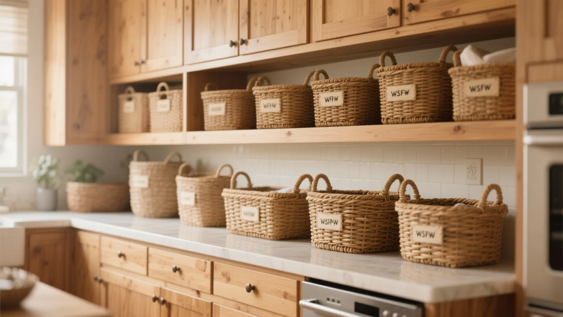 Wooden kitchen cabinets and shelves with many woven storage baskets organized on a white countertop