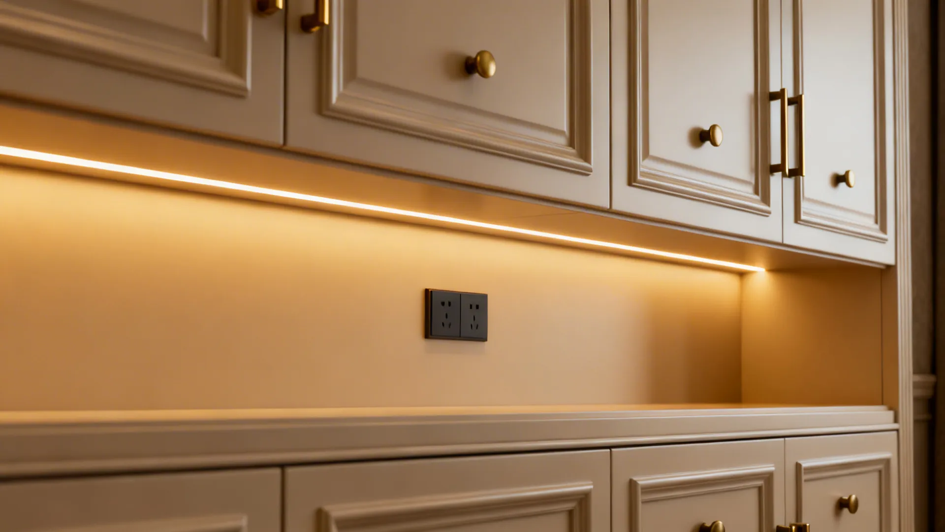 Cream wall cabinets with gold handles and warm strip light above a black power outlet