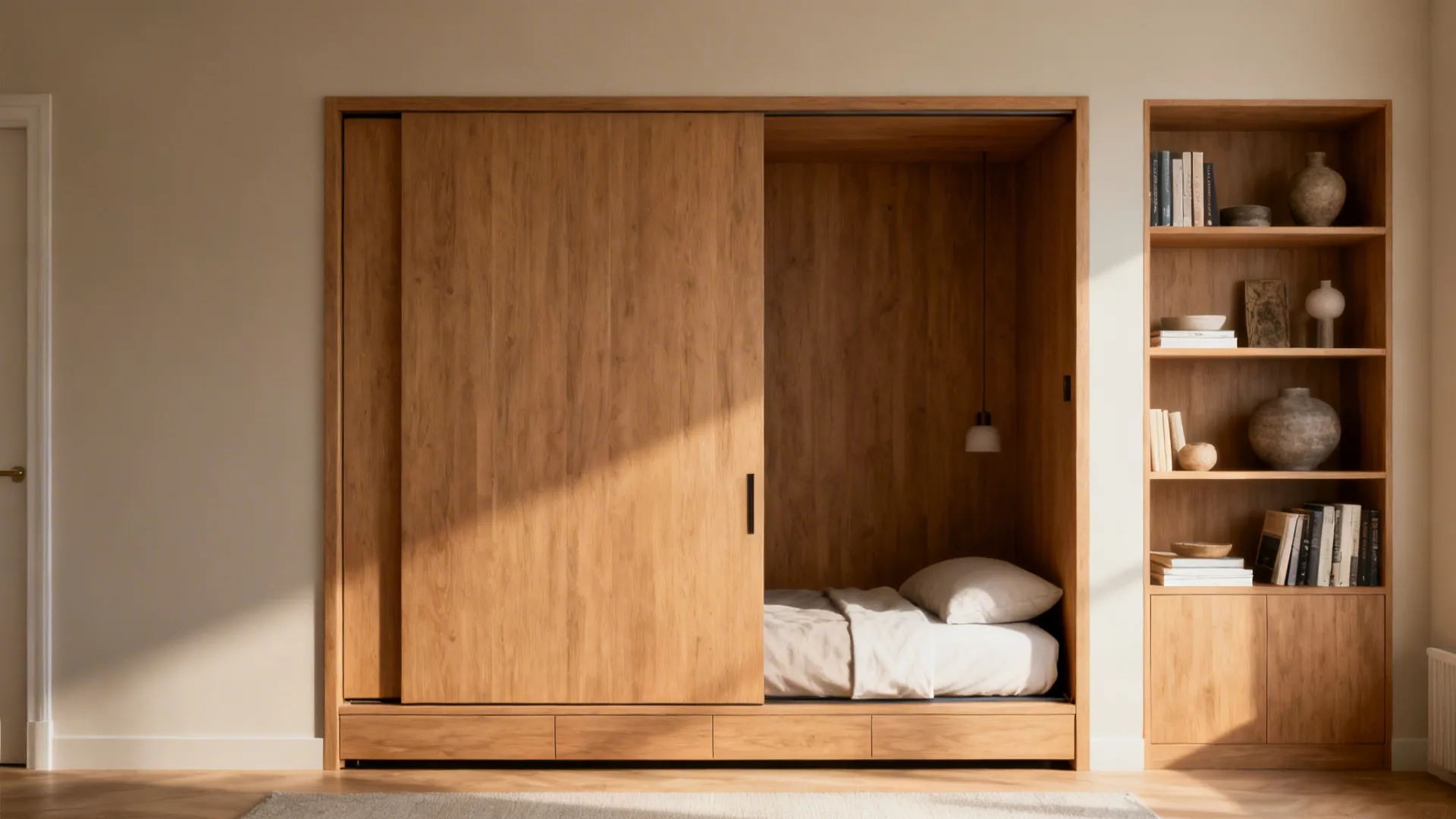 Wooden sliding door wardrobe revealing a hidden bed next to a matching tall open bookshelf