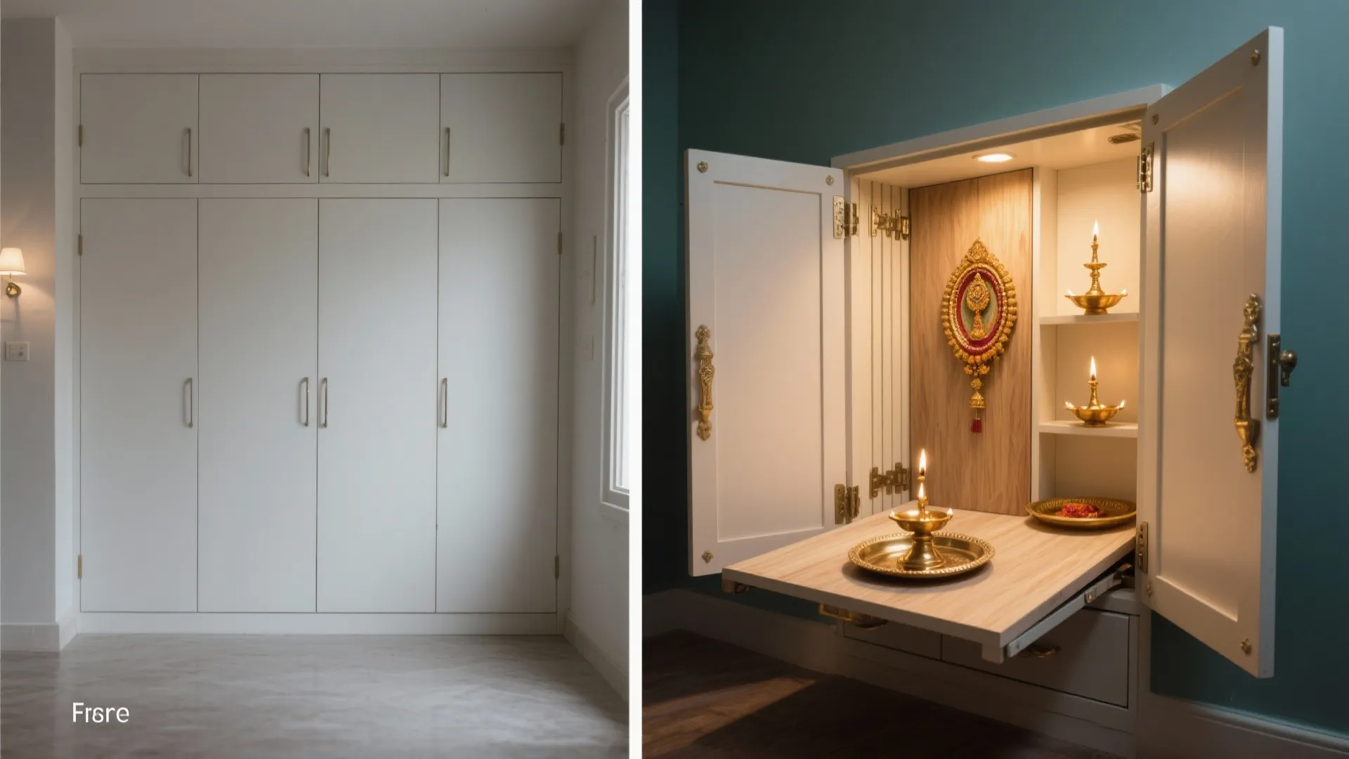 Before and after comparison of a closed white wall cabinet and an open prayer space