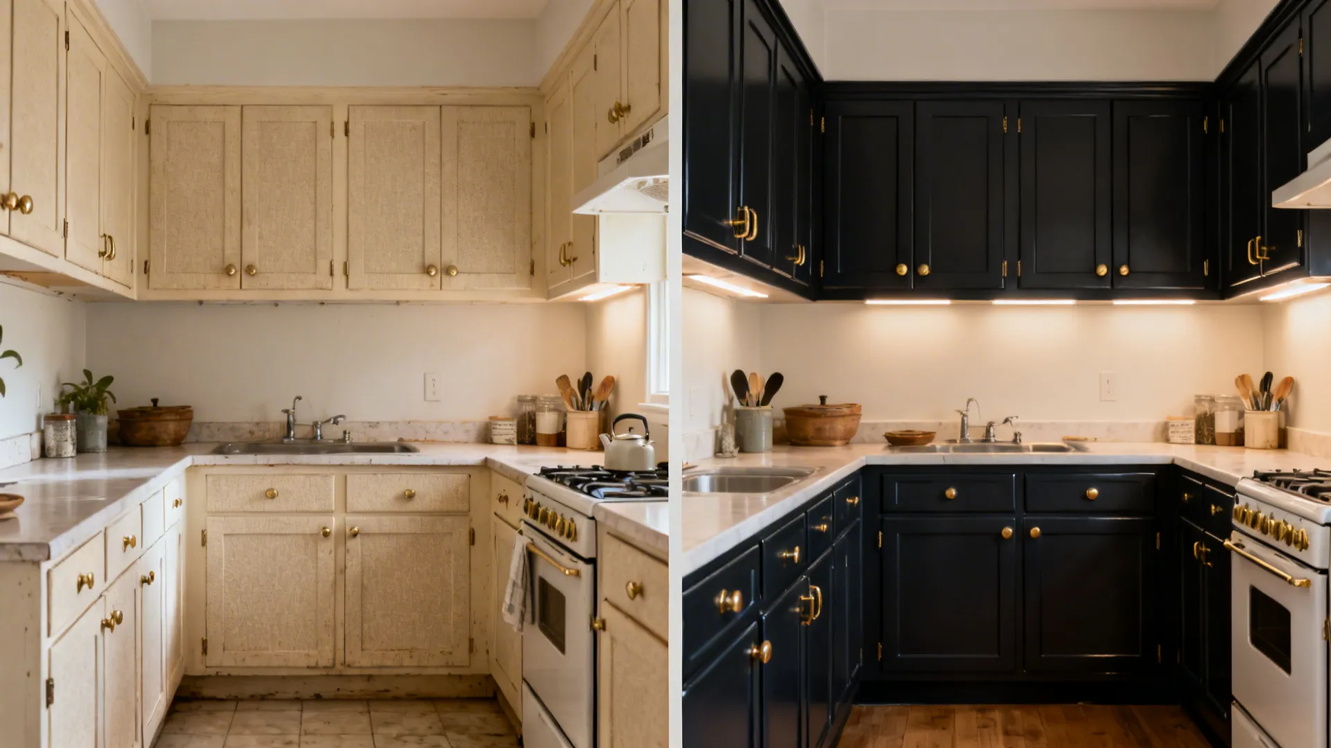 Before and after of small kitchen showing light lowers transformed to deep charcoal with brighter upper walls.