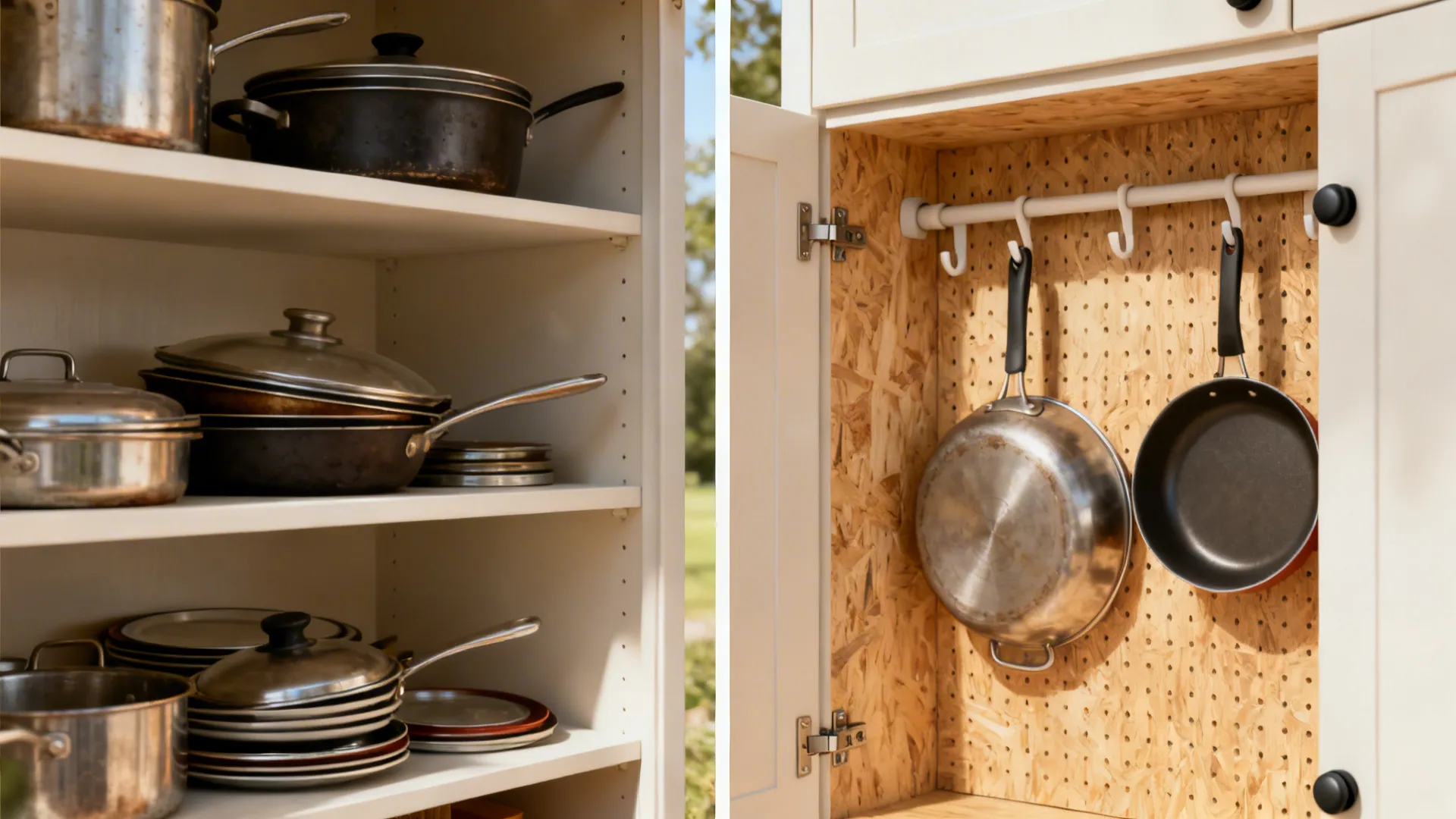 Split view showing a cluttered cabinet before and an organized pegboard interior after.