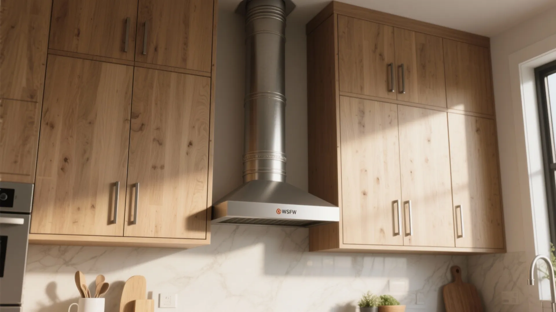 Kitchen chimney pipe hidden inside matching upper cabinetry