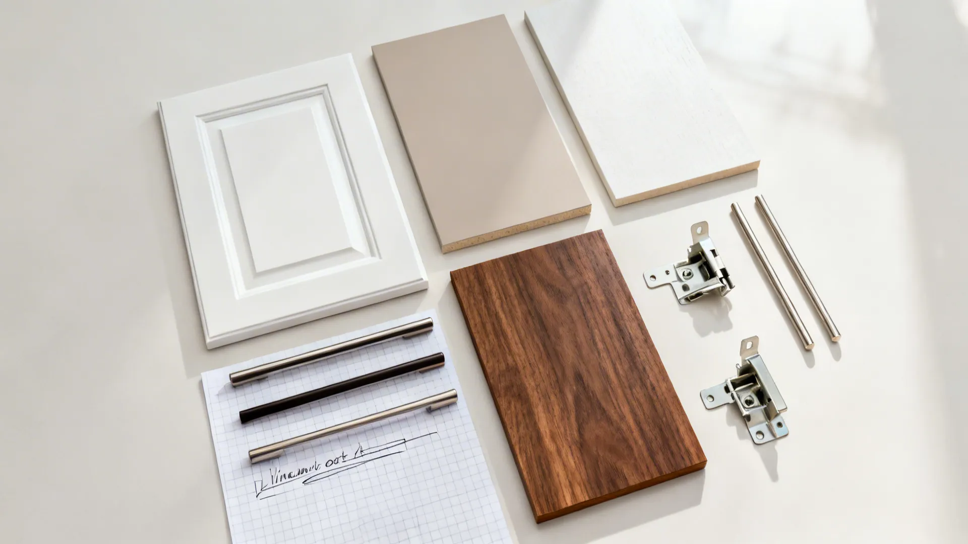 Flat lay of cabinet door samples, hardware, and a linear-foot cost sketch.
