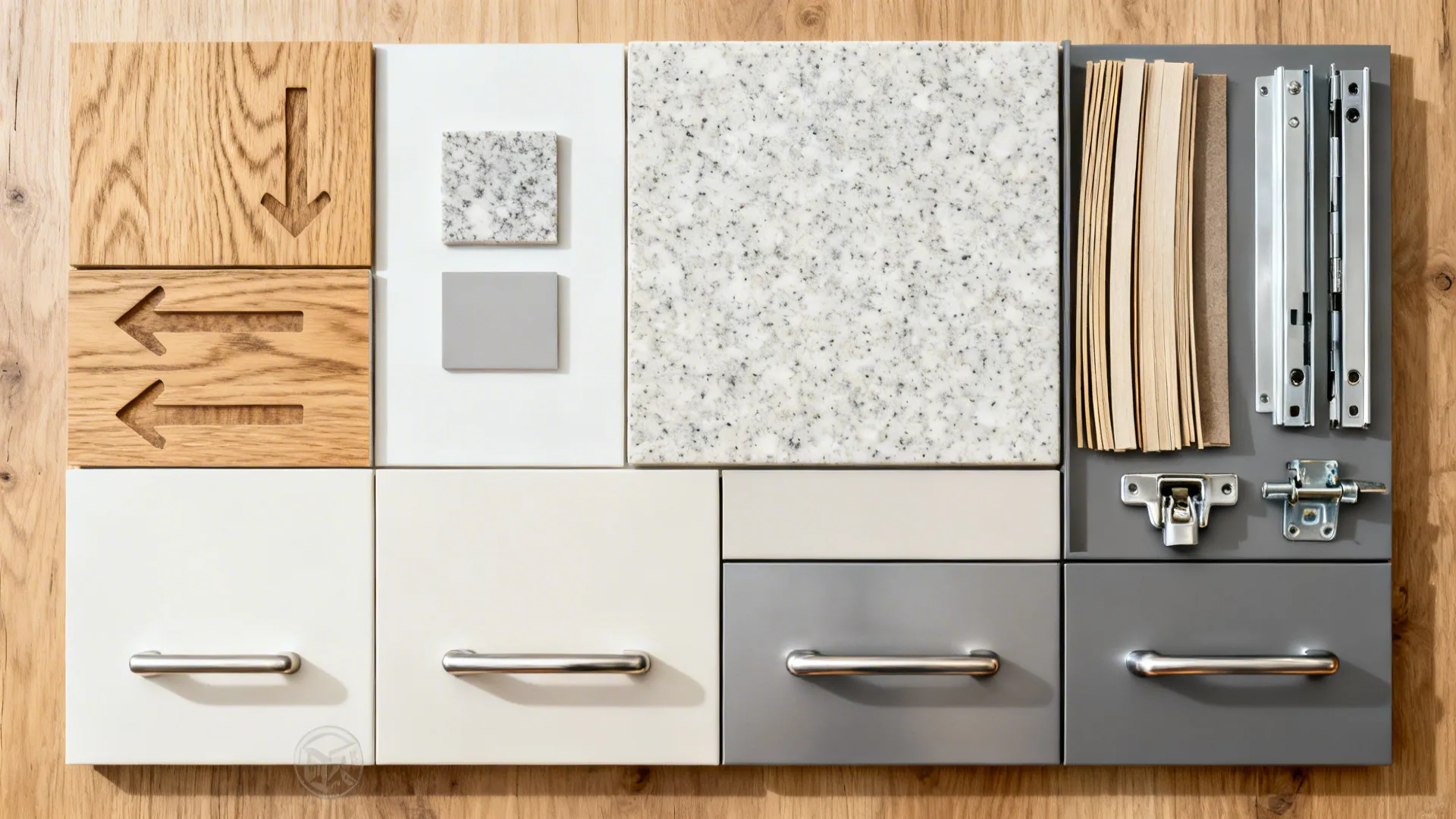 Top-down flatlay of veneers, countertop sample, hardware, and edge-banding for a build-ready set
