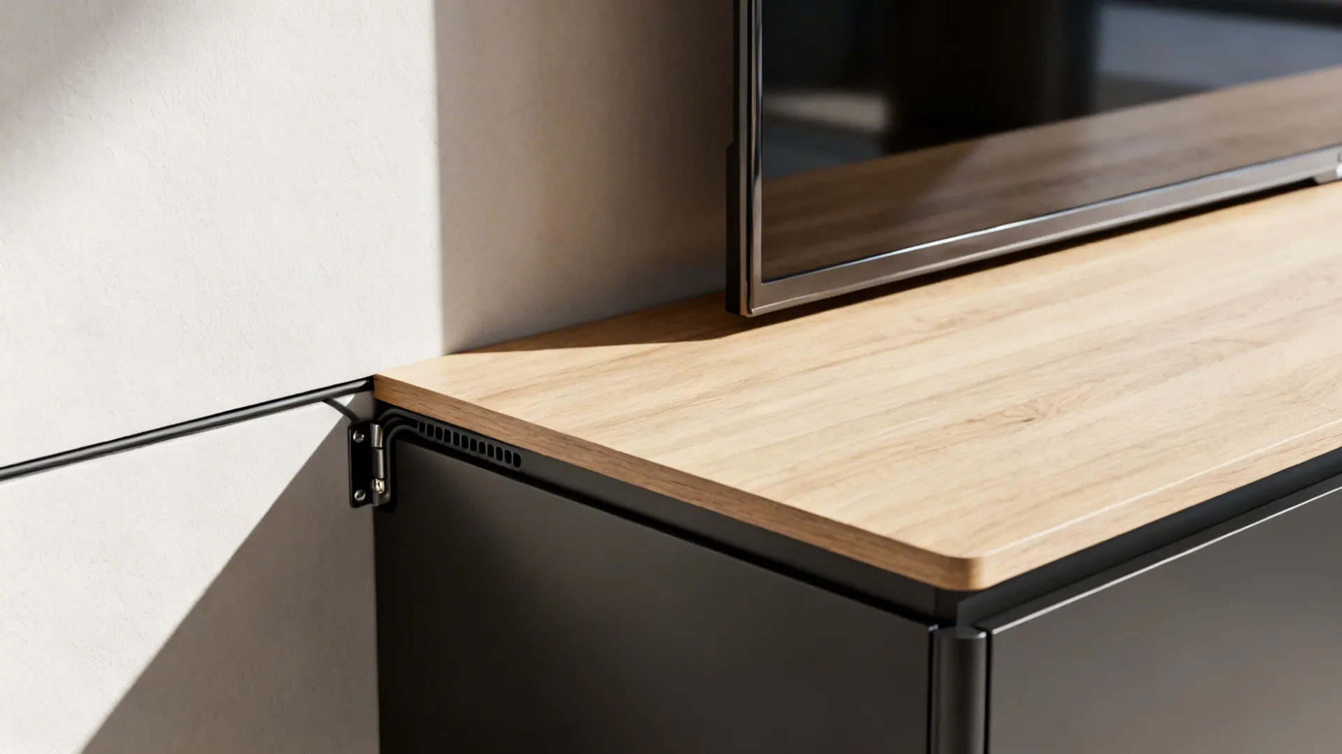 Macro detail of routed cable channel and hinge on a floating TV cabinet in matte lacquer and oak.