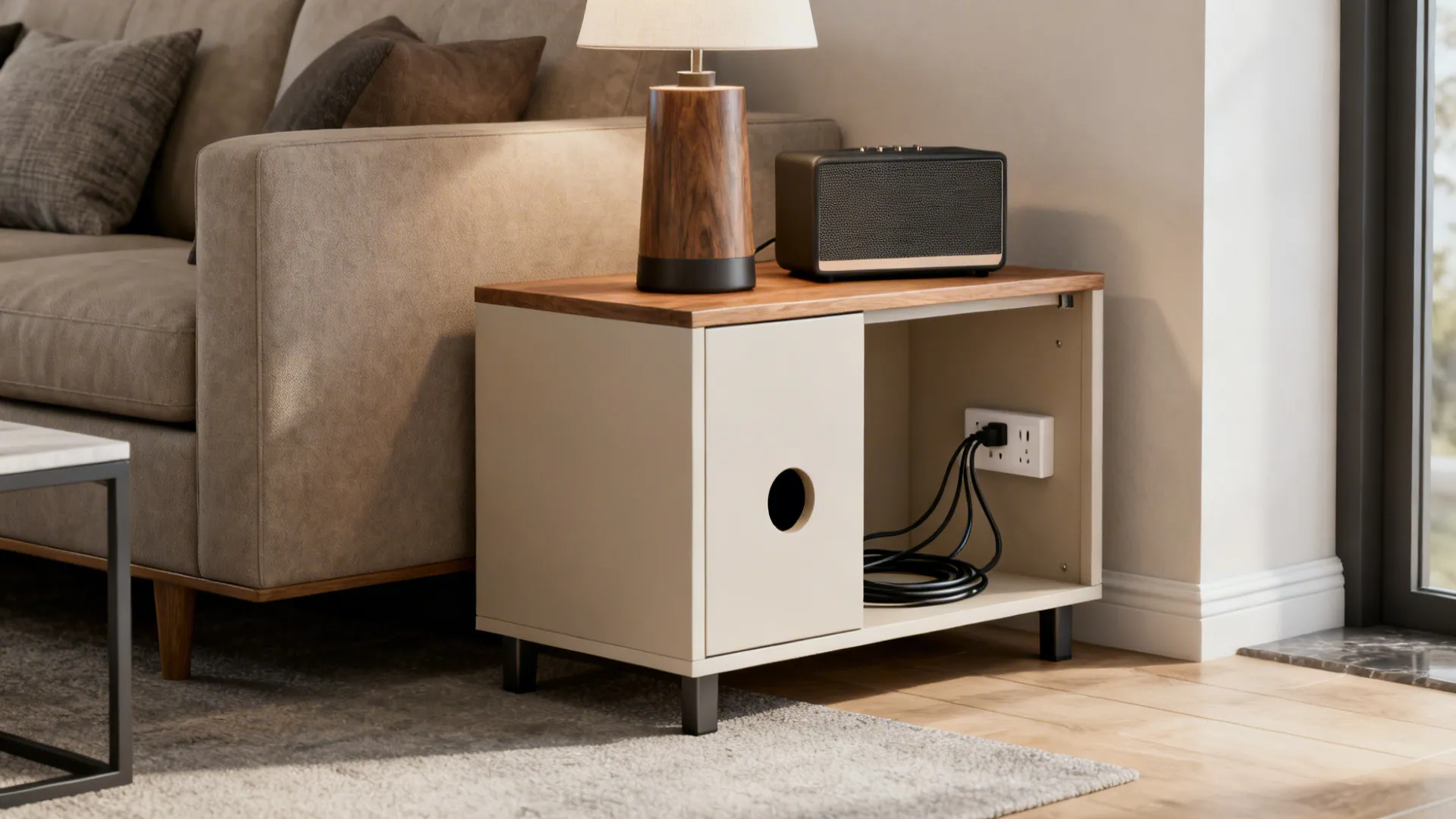 Small side cabinet with cable management showing wires plugged into a white wall power outlet