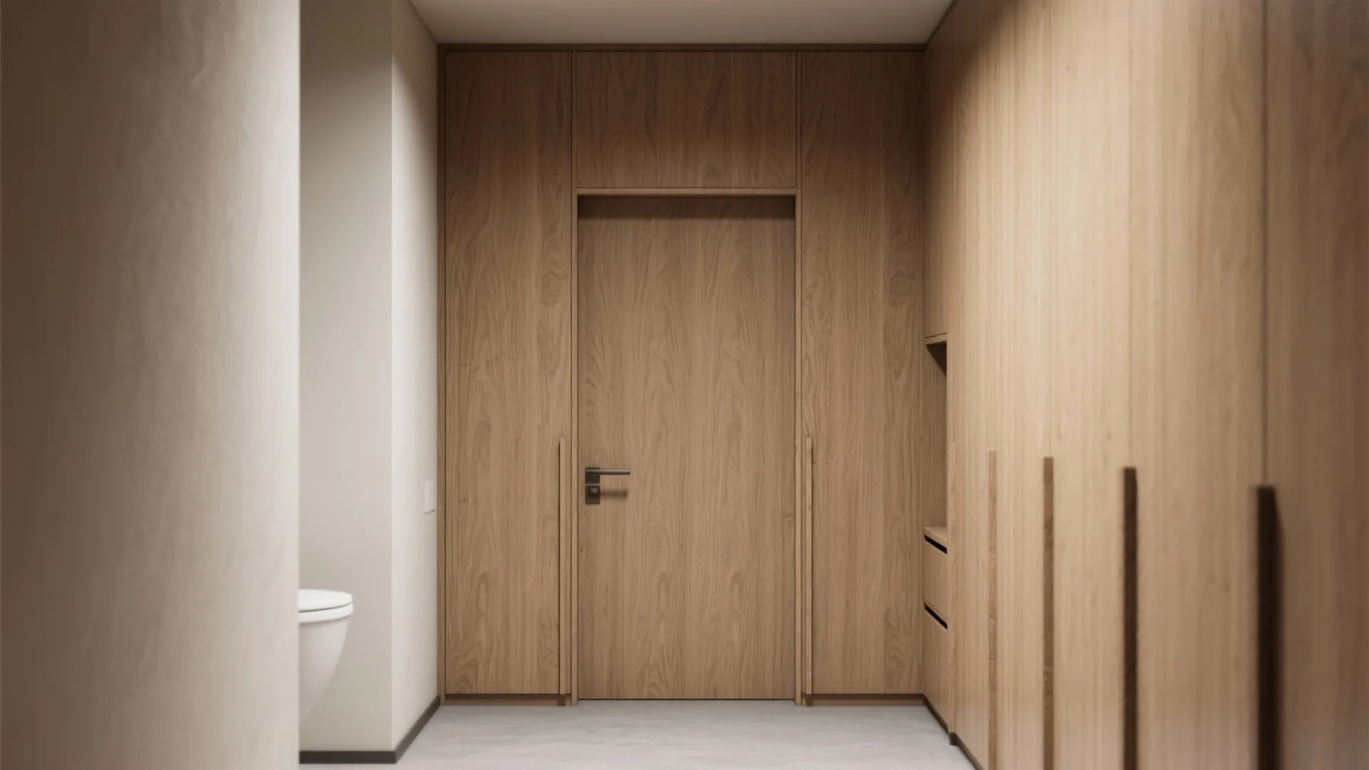 Modern hallway with wood wall panels hidden door wooden cabinets white toilet and grey tiled floor