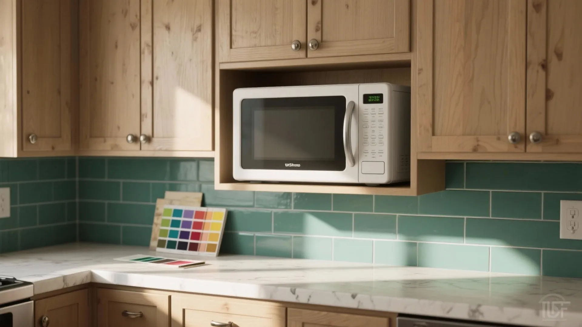 Modern kitchen featuring a white microwave oven built into wooden cabinets above a green wall