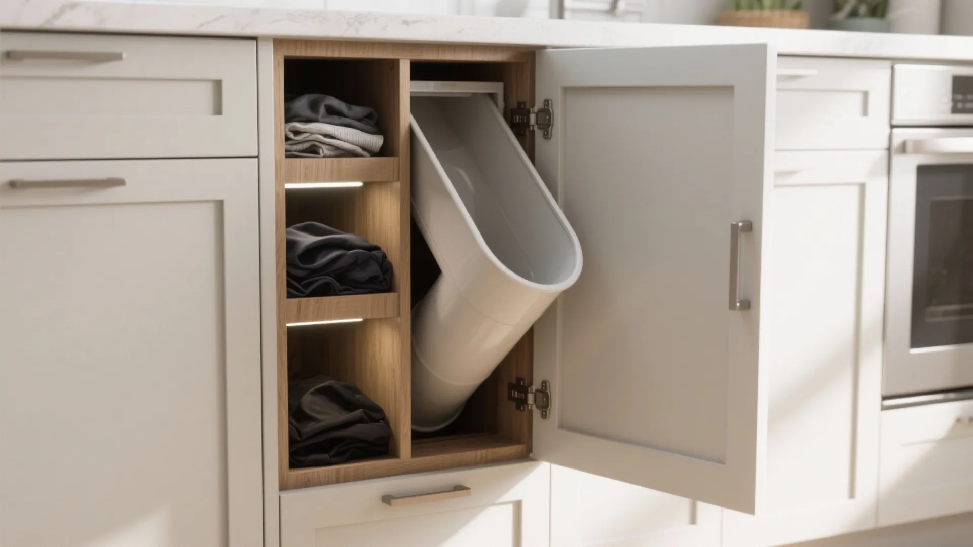 3. Cabinet-door chute that doubles as a sorter