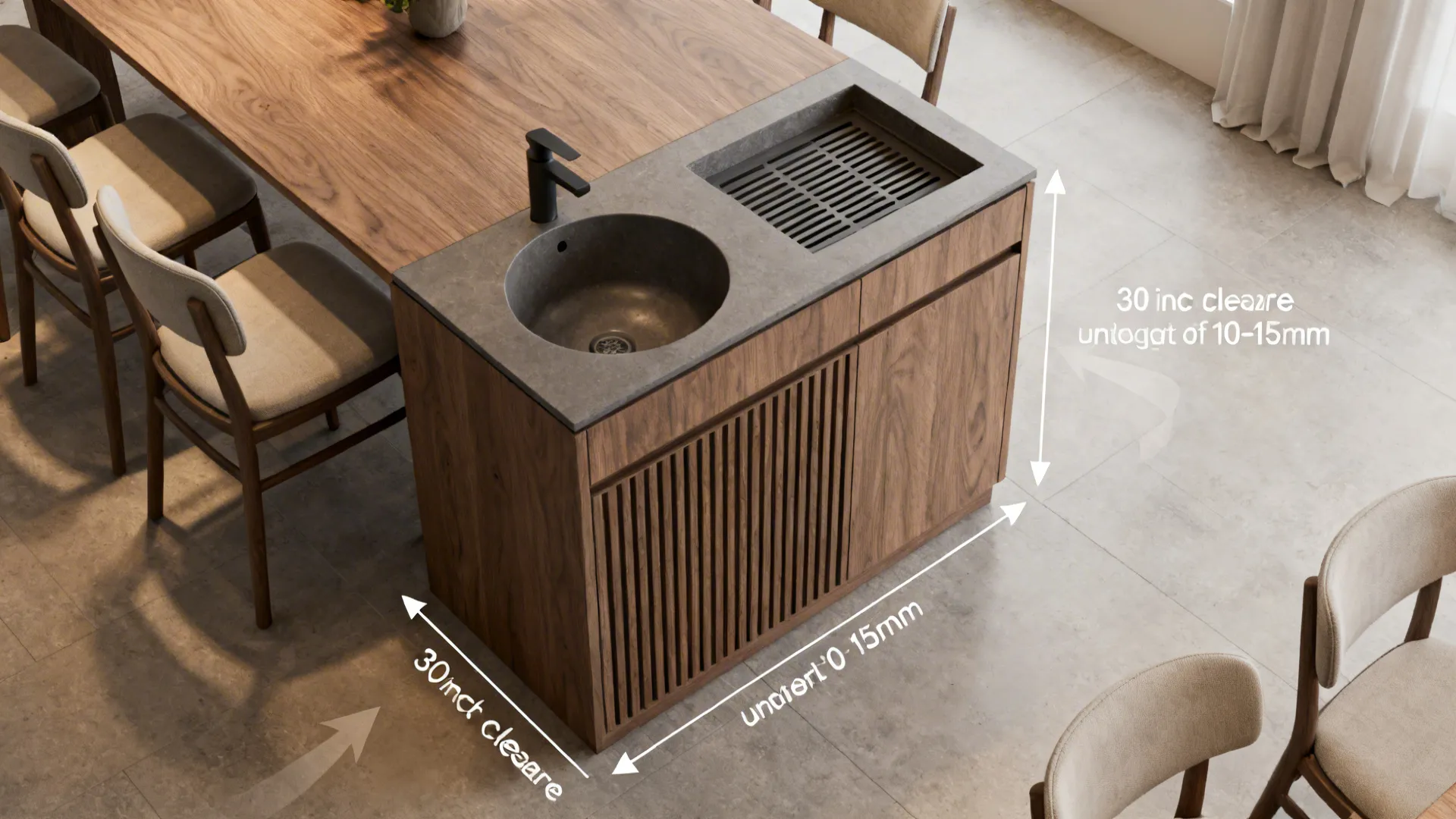Top-down view showing dining chair clearance and venting details around an integrated basin cabinet.