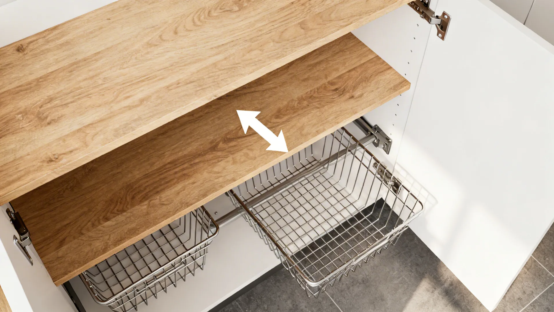 White kitchen cabinet interior featuring wooden shelves and wire pull out storage baskets with arrows