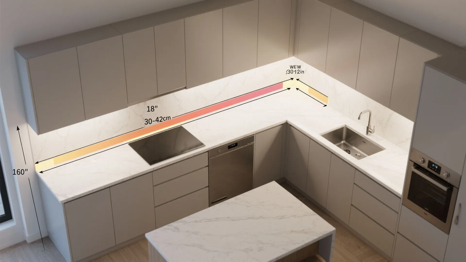 Top-down kitchen view annotated with typical upper cabinet heights and clearances and LED lighting positions