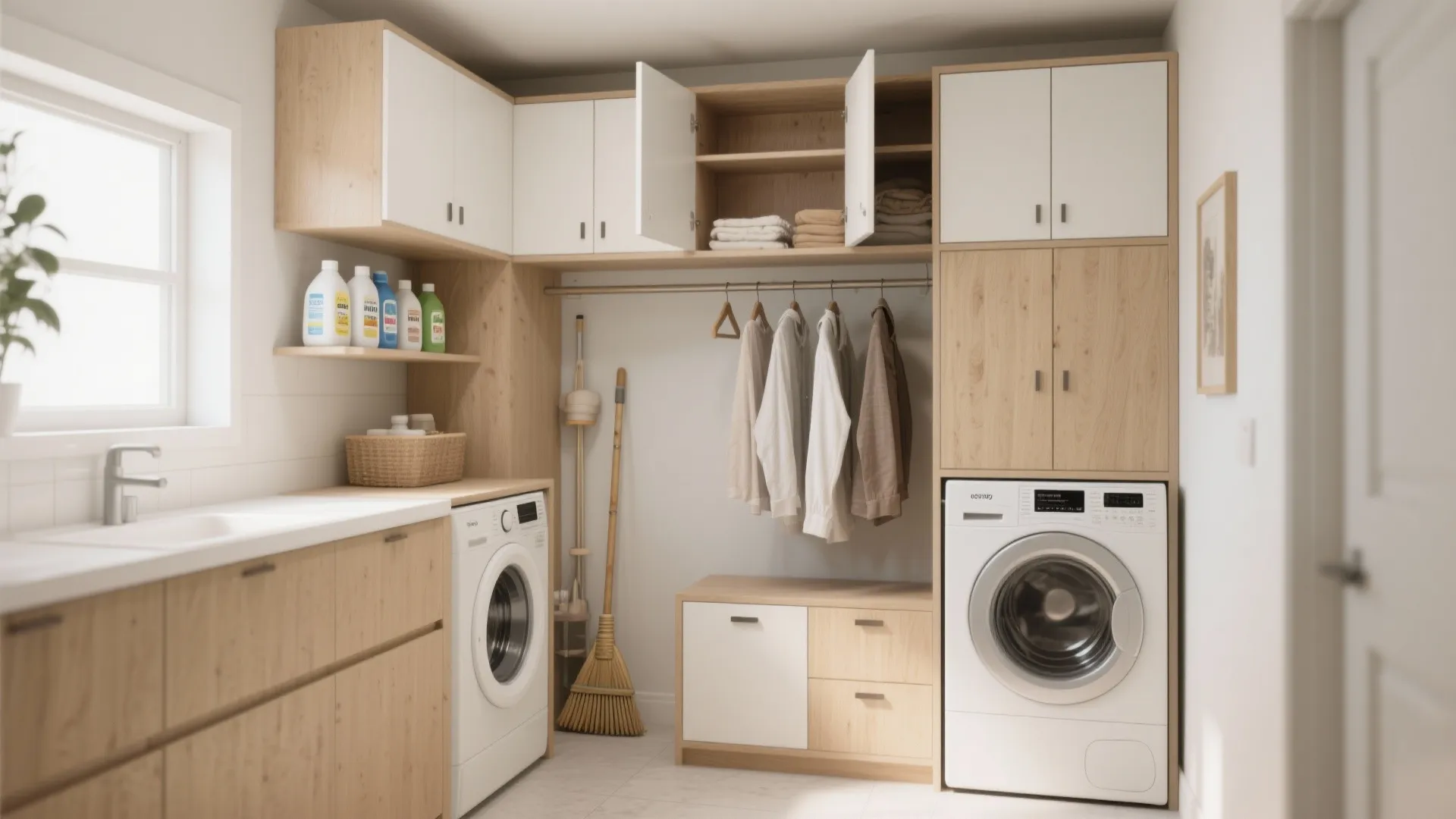 Modern laundry room with wood storage cabinets two washing machines hanging clothes and bright natural light